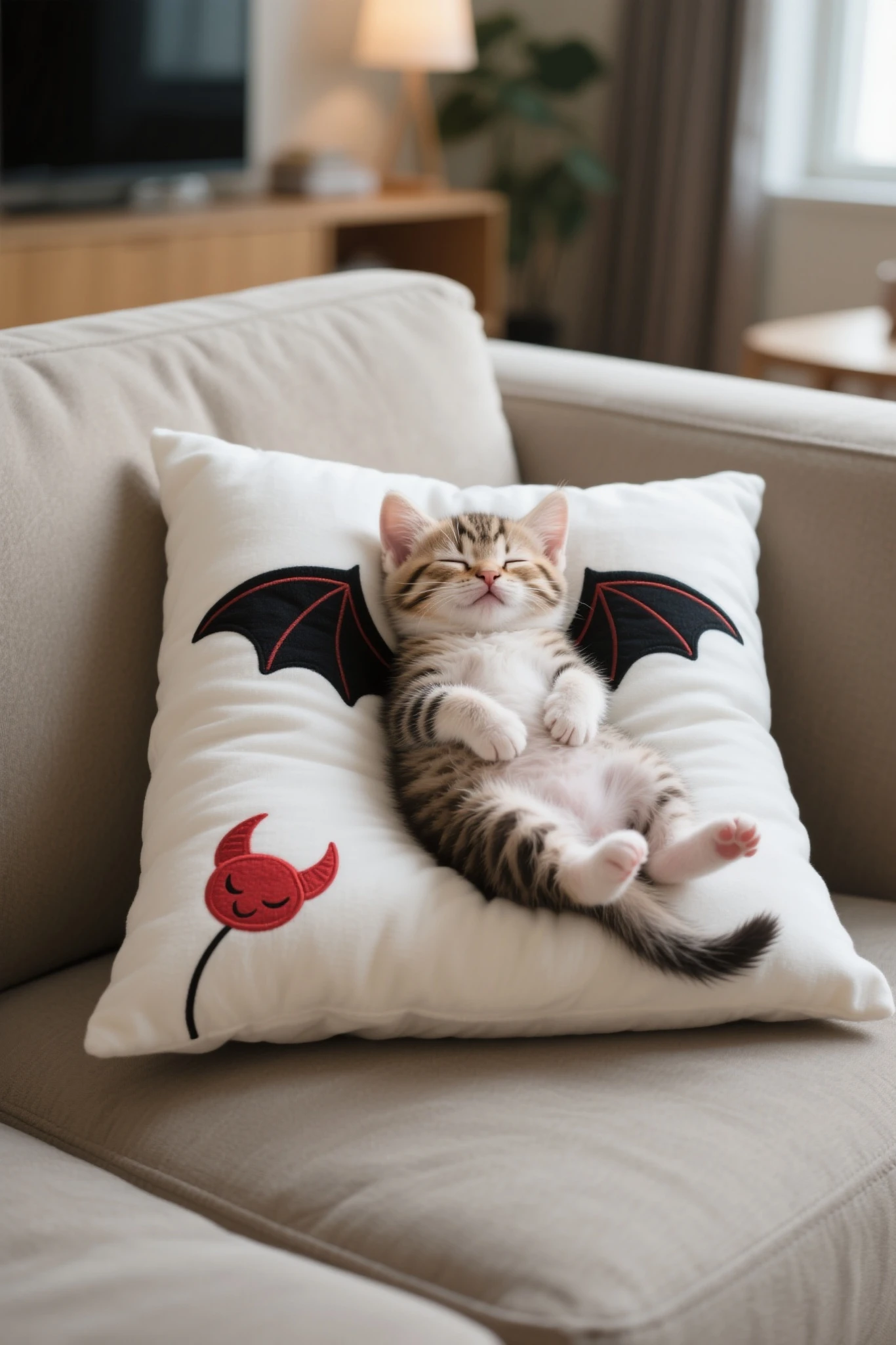 Realistic,Very small baby kitten lying on his back,Place a cushion with cute devil's wings printed around the kitten while sleeping,on the sofa in the living room,Face that seems to be sleeping even now,