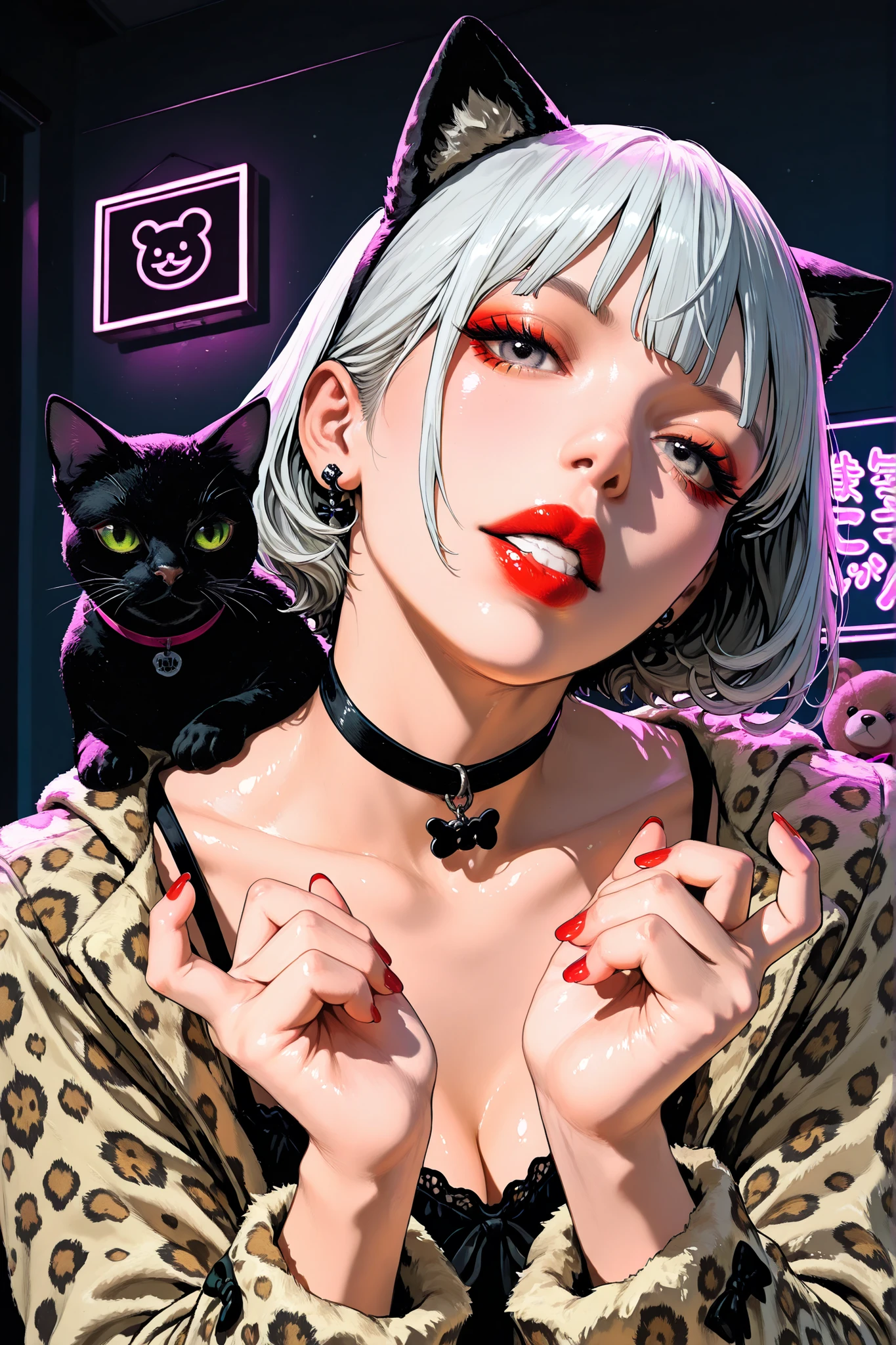  Illustration of a black cat,place a black cat in the center of the screen,attach a choker to a black cat on the back sign, ,have a black cat,place a black cat wearing a leopard print fur coat in the center of the screen,close-up of a gothic black cat {X} Woman sees through camera、Only hands are shown,teddy bear illustration ,  Vivid details,  artilove blow style    , ,  close-up photo , photorealistic  ,  very detailed,black hairｋｉｋｉred ribbon /(greatest masterpiece/top quality/Hi-Res)Hydrated red lips/"Shiny skin that floats on the waist"nail/close his mouth//And blood bathed/Neon lights in a dark room