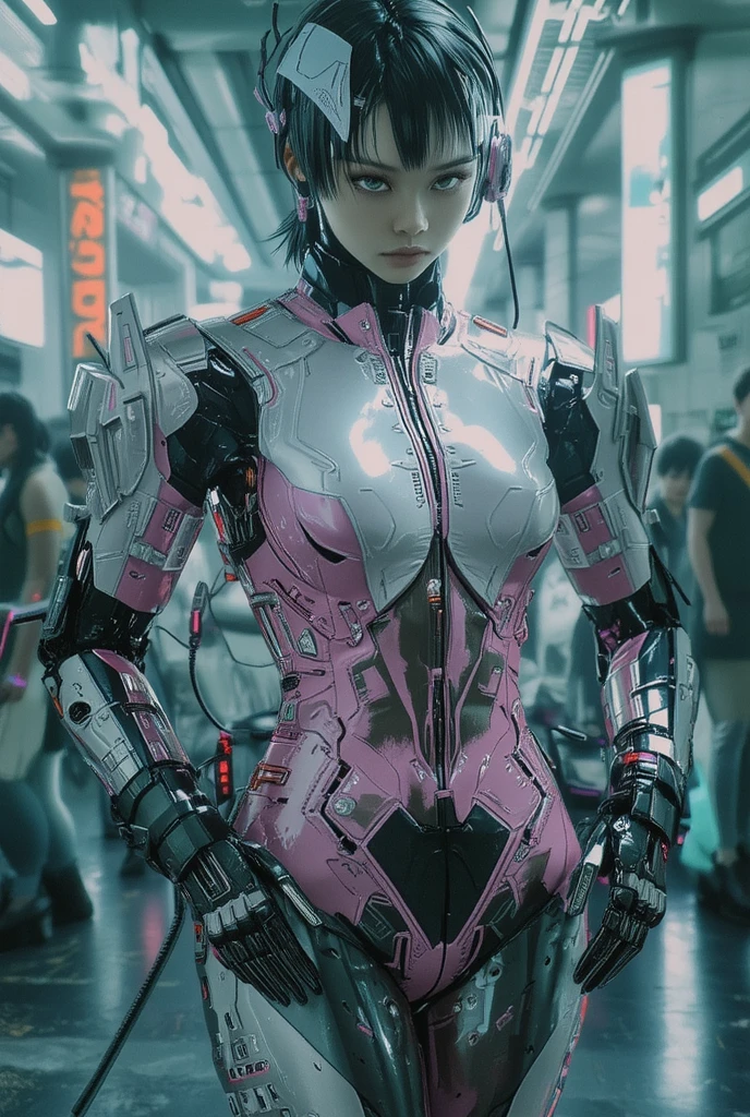 Grunge style biomechanical cyberpunk world of Battle Angel, cyborg Alita, cowboy shot, hyper-realistic skin, inner glow, confidently sprinted towards the viewer through a dimly lit alleyway. Petite athletic figure, natural neon lighting, while the medium contrast and determined, cool composure echoed the essence of Alita's unwavering spirit. Large highly detailed eyes. Styles of Jay Anacleto, Kelly Sue DeConnick, and Siya Oum, <lora:zavy-cbrpnk-sdxl:0.6> zavy-cbrpnk, faceplate
<lora:Hyper-SDXL-8steps-lora:1.0>, . cybernetics, human-machine fusion, dystopian, organic meets artificial, dark, intricate, highly detailed . Textured, distressed, vintage, edgy, punk rock vibe, dirty, noisy