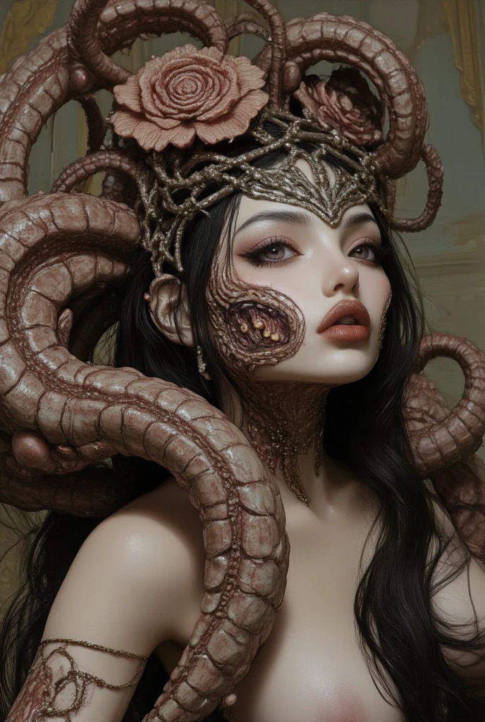 (extremadamente detallado, obra maestra, La mejor calidad), Estilo oscuro, intense illumination, rostro con arrugas, lengua larga, tentacle, deforme, monstruoso, un anciano con Colmillos finos, amenazante. mujer punk. Rococo composition. Luz de caravaggio