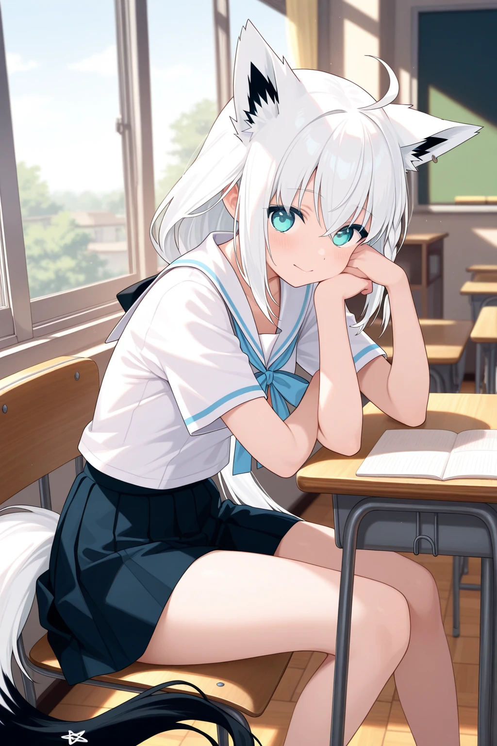 Wearing cat ears on his head，seductive anime girls，White-haired god，Anime goddess，Girl with white hair，perfect white hair girl，Detailed long white hair，long hair anime girl，Beautiful anime girls，Blonde anime girl with long hair，Anime Barbie with white stockings，Clothes are shabby，There are a lot of breakages on the skin，Sweat all over the body，perspire，Incontinence，tmasterpiece，best qualtiy：1.2），Female Student，独奏，1girll，Koshita Kono，（shiny skins，wetted skin：1.2），perspired，is shy，looking at viewert，on the floor on all fours，校服，white  shirt，Plaid skirts，upper legs，in the afternoon，Female students in the classroom