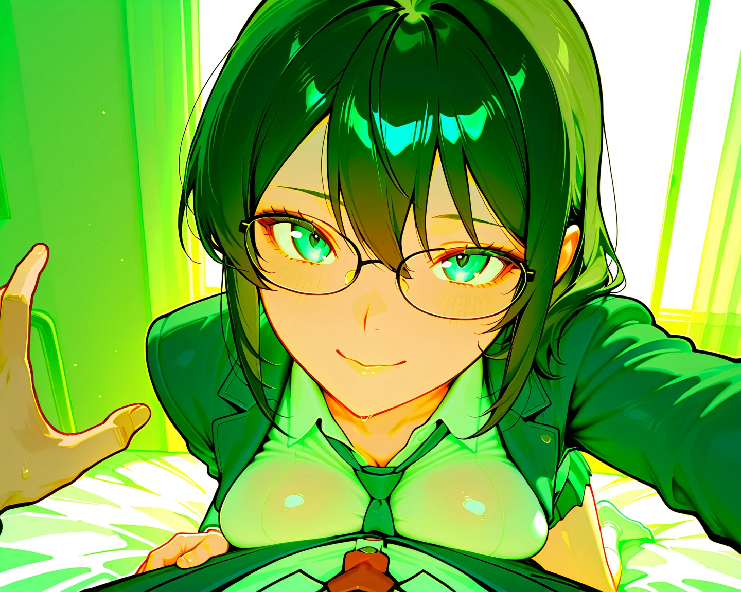 highest quality, masterpiece, High resolution, ((Perfect hands, Perfect Legs, Perfect Anatomy)), alone, {Kirishima_Fleet Collection:1.15}, short_hair, Glasses, black_hair, hairband, Green Frame_Glasses, headgear, smile, One girl, green_eye, pantyhose, blush, ((Office Background)),((nsfw))Completely naked