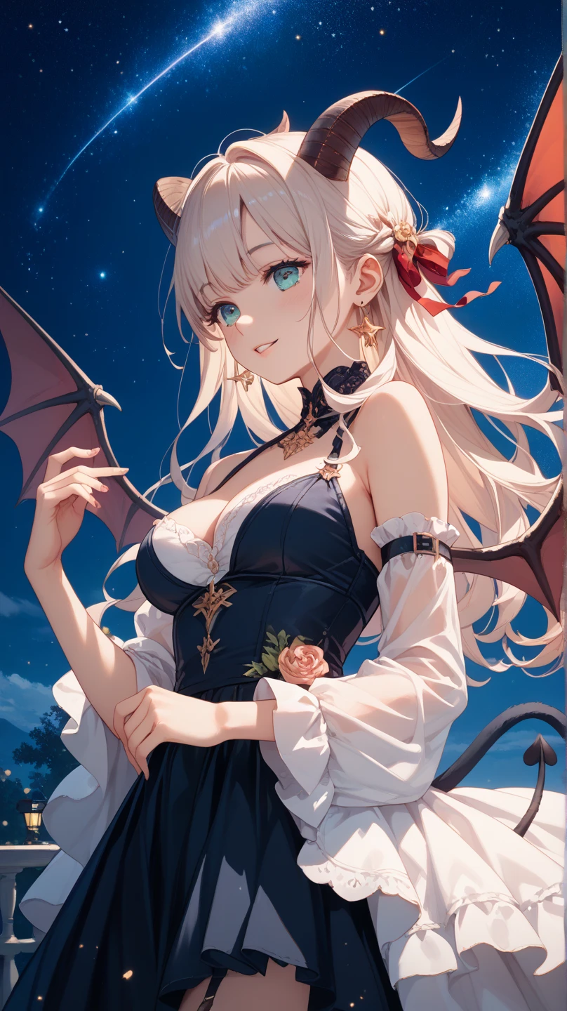 masterpiece, Highest quality, High resolution, sa1, Two beauties, Gorgeous dress, Sparkling eyes, Thighs, False eyelashes, Cute atmosphere, Straight hair, ribbon, Lots of roses,Goat horns、Bat Wings、Succubus