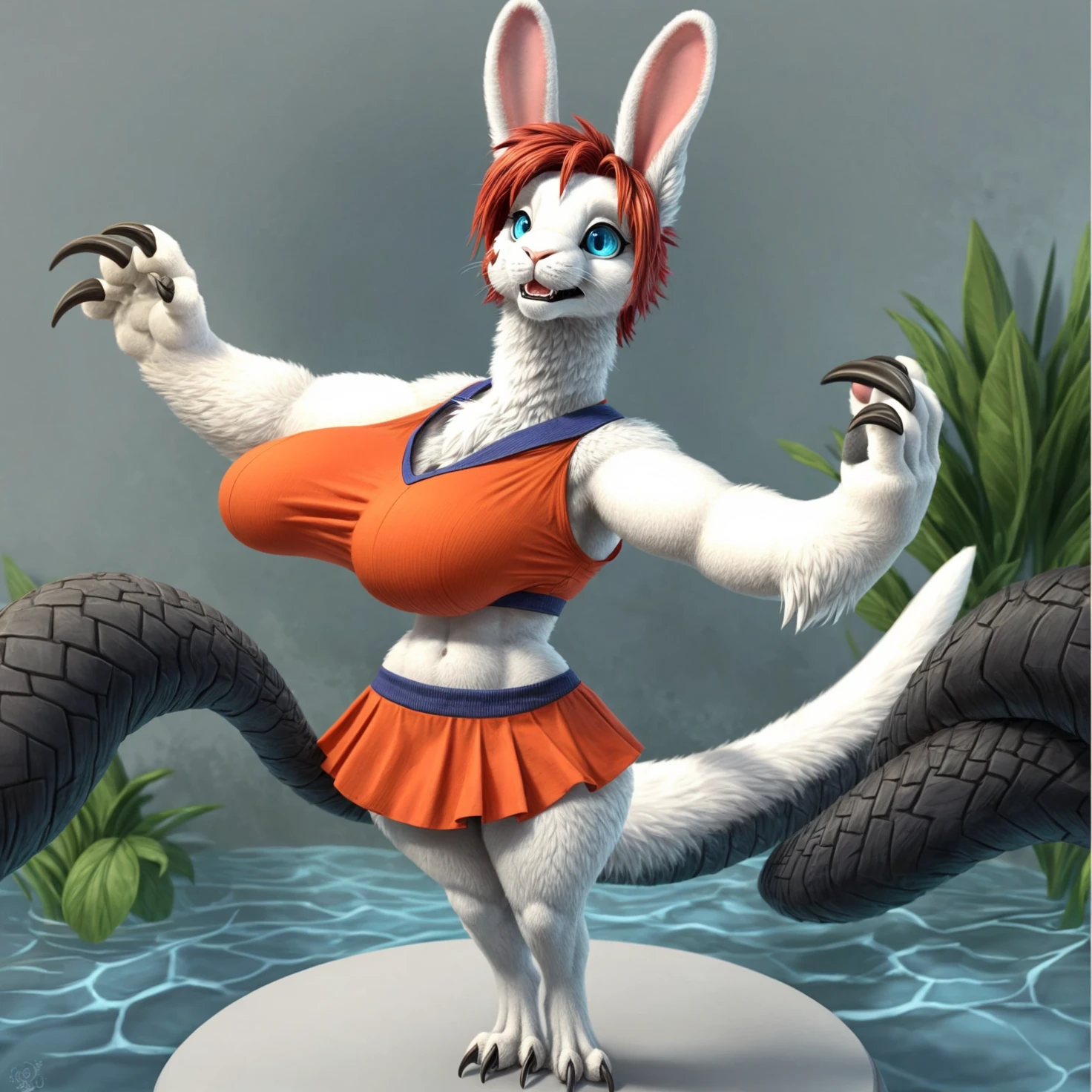 (best quality,4k,highres,masterpiece:1.2),kobold woman,medium-sized breasts,wide hips, have a two extremely detailed legs,ultra-detailed red scaly skin,wearing a blue stripper outfit,usando maquillaje de color violeta, have a ultra detailed Body, have a un tail ultra defined,with a provocative pose while grabbing her breasts with her hands,night club background.