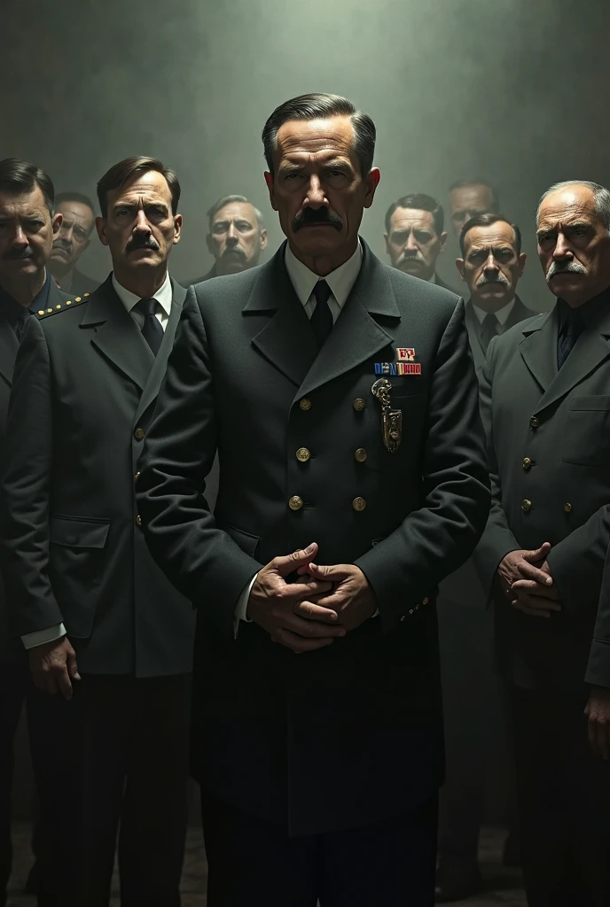 a middle-aged artist, that he is fat, with curly dark hair, Without beard; standing on a stage in a Nazi uniform and in the audience very young women of white complexion, long hair, some straight and some curly, in a swimsuit. The man must convey being empathetic without smiling and at the same time a psychopath and he must be fat 