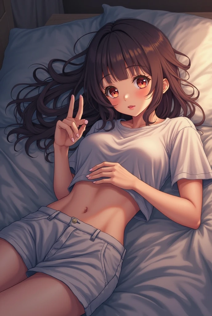 Brown haired anime girl in miniskirt lying down with her legs spread wide blushing asleep 