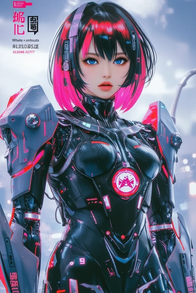 Pretty Chinese girl, de 20 e poucos anos, cabelo preto curto, wearing a black and pink cybernetic jumpsuit, Giant robot (feminino) em forma de coelho, feito de carbono, capa branca e rosa, young woman controlling the robot, 4k, ultradetalhado, arte digital, studio lighting, physics-based rendering, mecha, cores vivas, bokeh, pele texturizada, visto de baixo, futurismo, Action painting