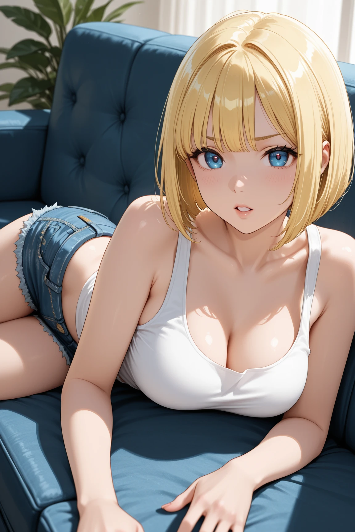 (best quality:1.5, highres, UHD, 4K, detailed lighting, shaders), blonde ponytail, large breasts, camisole, shorts, thighs, sitting on couch