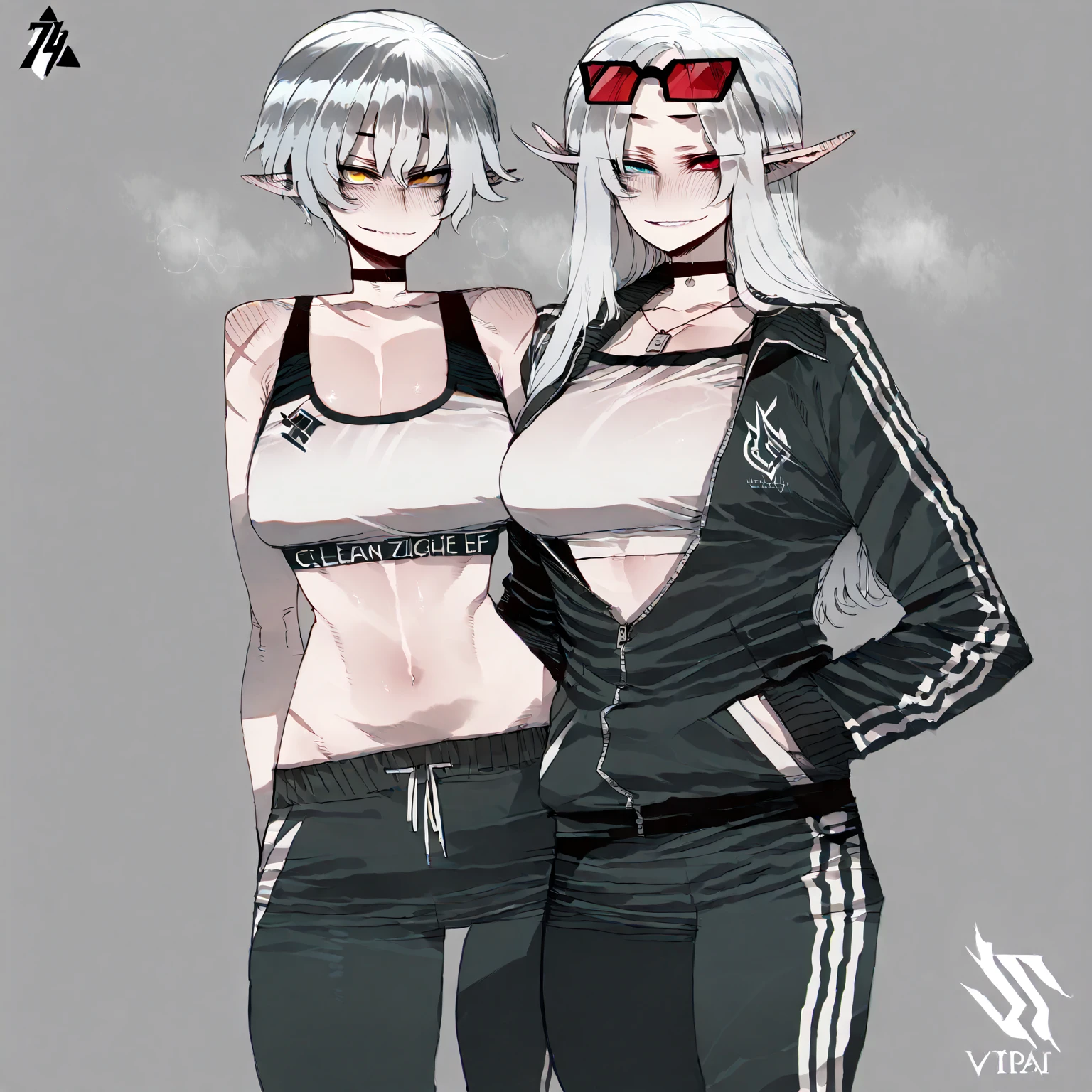 milf, mature_woman, arms_behind_back, heart-shaped_face, tomboy, sports_bra, thinwaist, bow_panties, annoyed, anger_vein, glaring, shaded_face, frown, tattoo_on_breast, half-closed_eyes, clenched_teeth, looking_at_viewer, black_eyeshadow, eyeshadow, eyelashes, absurdly_short_hair, glossing_hair, huge_breast, gigantic_breasts, frowning_face, huge_nipple, breast_out