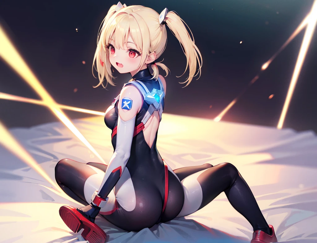 A small girl wearing a tight scarlet plug suit, adorable expression, beginner's mind, open mouth, expressing the unevenness of the body, blushing, background is the stars of the universe, face emphasis, black braided ribbon hair, masterpiece, leaning forward look into
