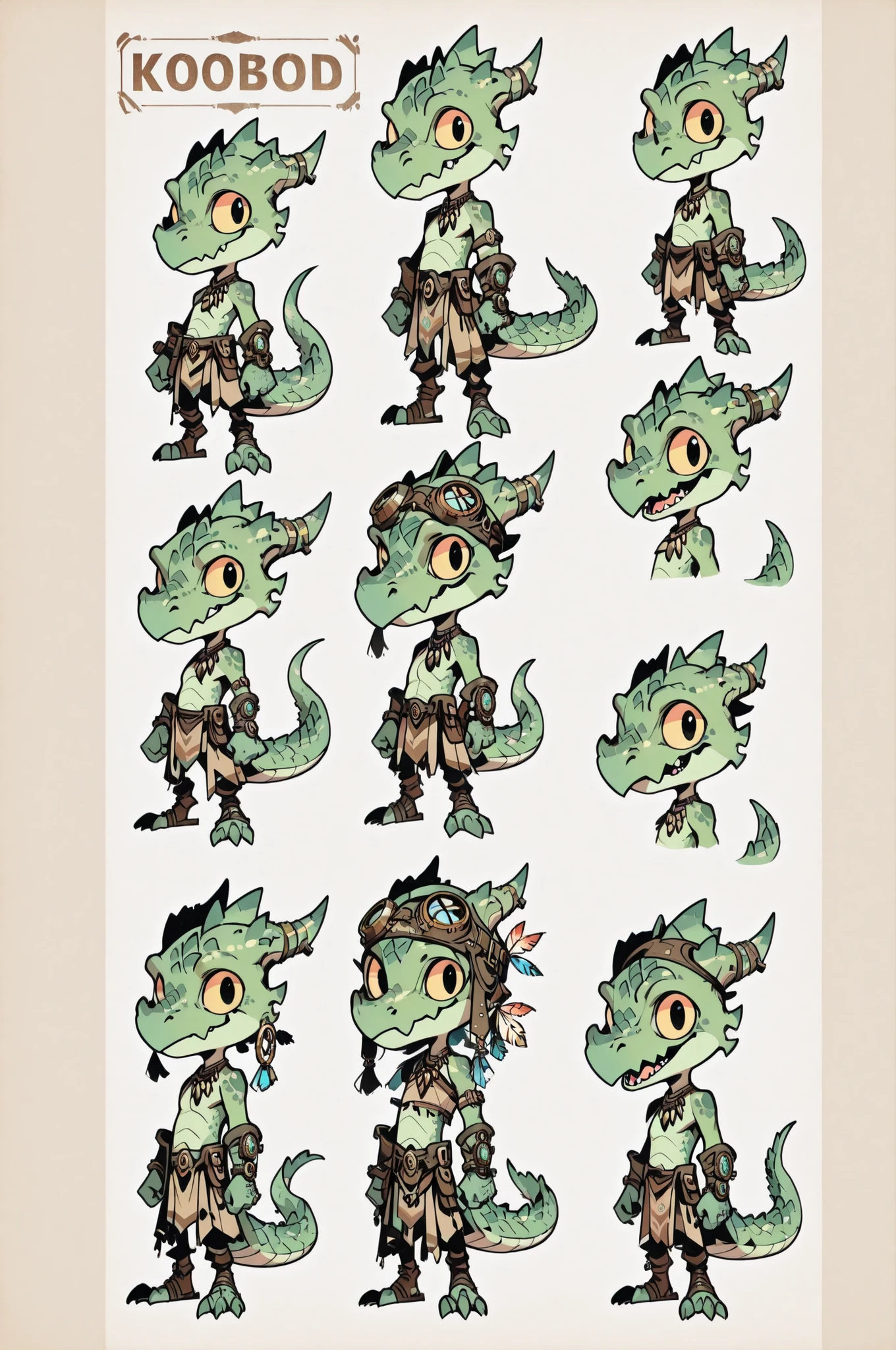 Three( male,green skin, green scales, (((Kobold)), (detailed kobold)) wearing a steampunk tools, a tribal clothes, character design, toon style, chibi
