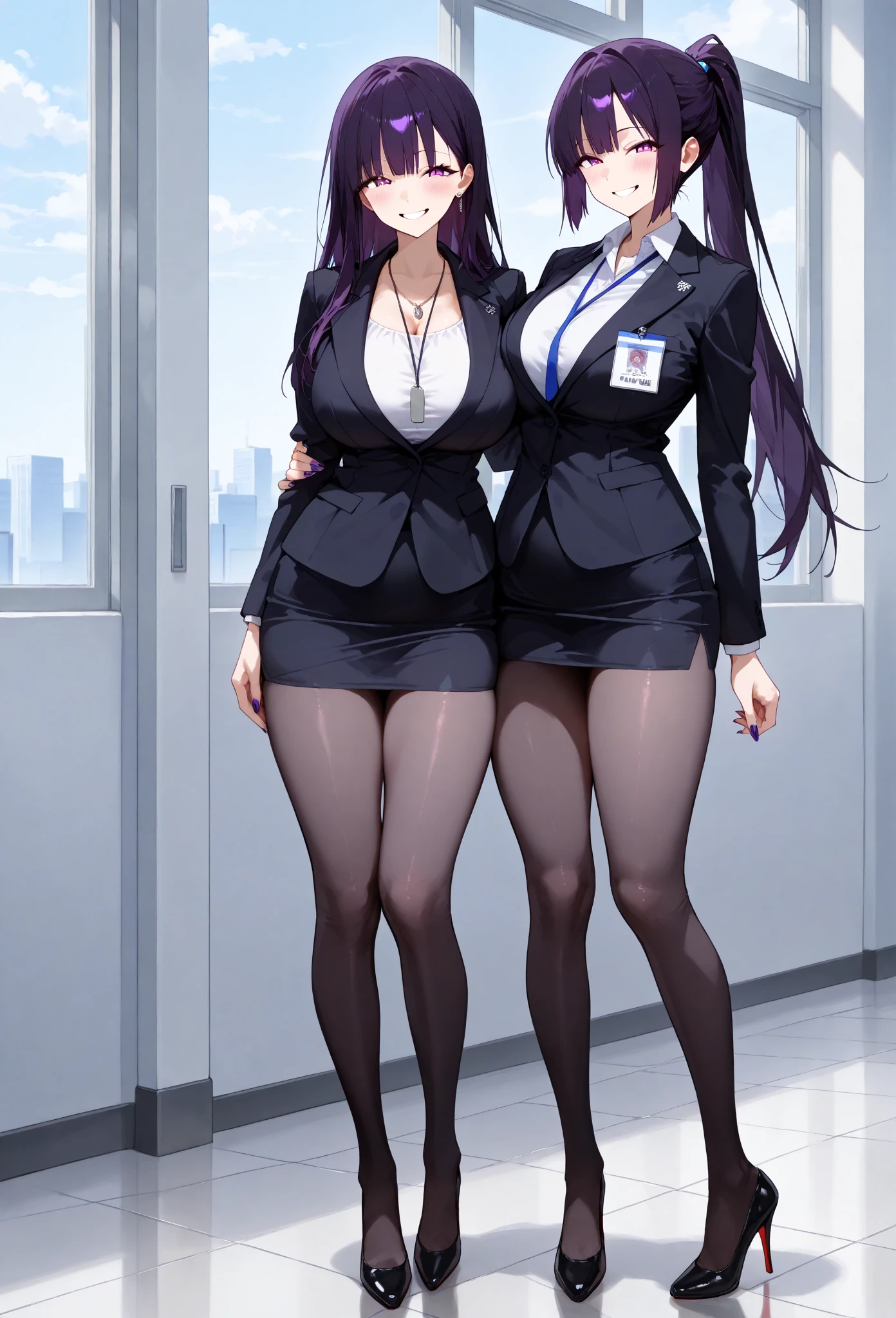(1girl:1.5),(Best quality,4K,8K,A high resolution,tmasterpiece:1.2),ultra - detailed,(actual,photoactual,photo-actual:1.37),black suit jacket,sliver long hair,girl with Redlip,girl in suit jacket,girl in elegant clothing,Redlip,Perfect application for lipstick,(beautidful eyes:1.4),(white shirt:1.5),silber hair,a purple eye,light smile,Happy expression,highlydetailed skin,Stunning face,Long eyelashes,black eyeliner,a work of art,(Black belt:1.2),white shirt,Dangle earrings,(regular suit:1.2),Full body lesbian