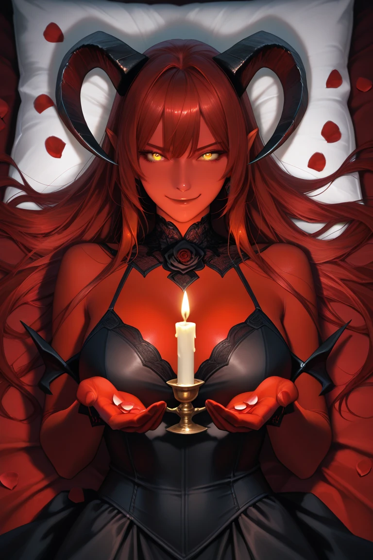 a fully dressed female demon, she is 100 years old, but her body stopped aging at 11 years, stands with a apstract Wallpaper background the middle of the Picture. she has slim hips and small thights. She is wearing a Black Kimono. She has big tits they are also coverd by the dress. she has black horns aswell as long red hair. she somehow looks innocent and shy but is clearly horny with her glowing red eyes. (4K) (Ultra-Design) (Wallpaper)