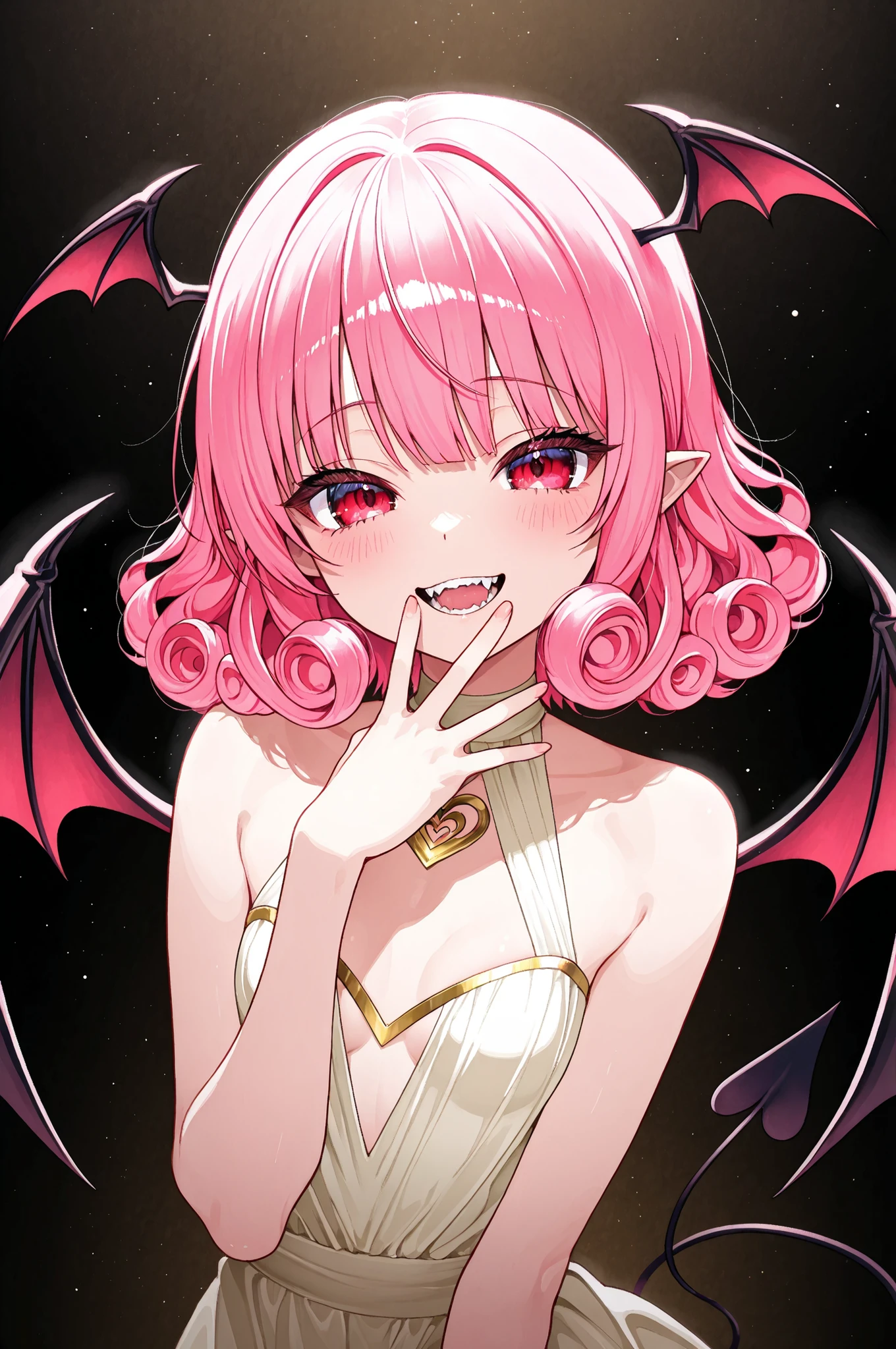 little devil、Adorable expression that can't stop being playful、little devilがひそかに見せる悪戯っぽい笑顔、Petite and sexy girl、pink hair、short hair、curly hair、with bangs、Little bat wings on the head、small breasts、It's a succubus with bat wings on its back 、A dress with an open gold chest、Elegant Outfit、Dancing gracefully、has a pure and elegant impression yet has a shrewd and attractive appearance。Rich textured background、Mysterious Atmosphere、Delicate and beautiful illustration、High precision in selection、Super Realistic、professional、HDR、Superb saturation and lightness、Deep Space Expression、delicate texture、Delicate Expression、sophisticated color scheme、Dark and glossy atmosphere、mezugaki、Good、Leather Teeth、place your hands on your mouth