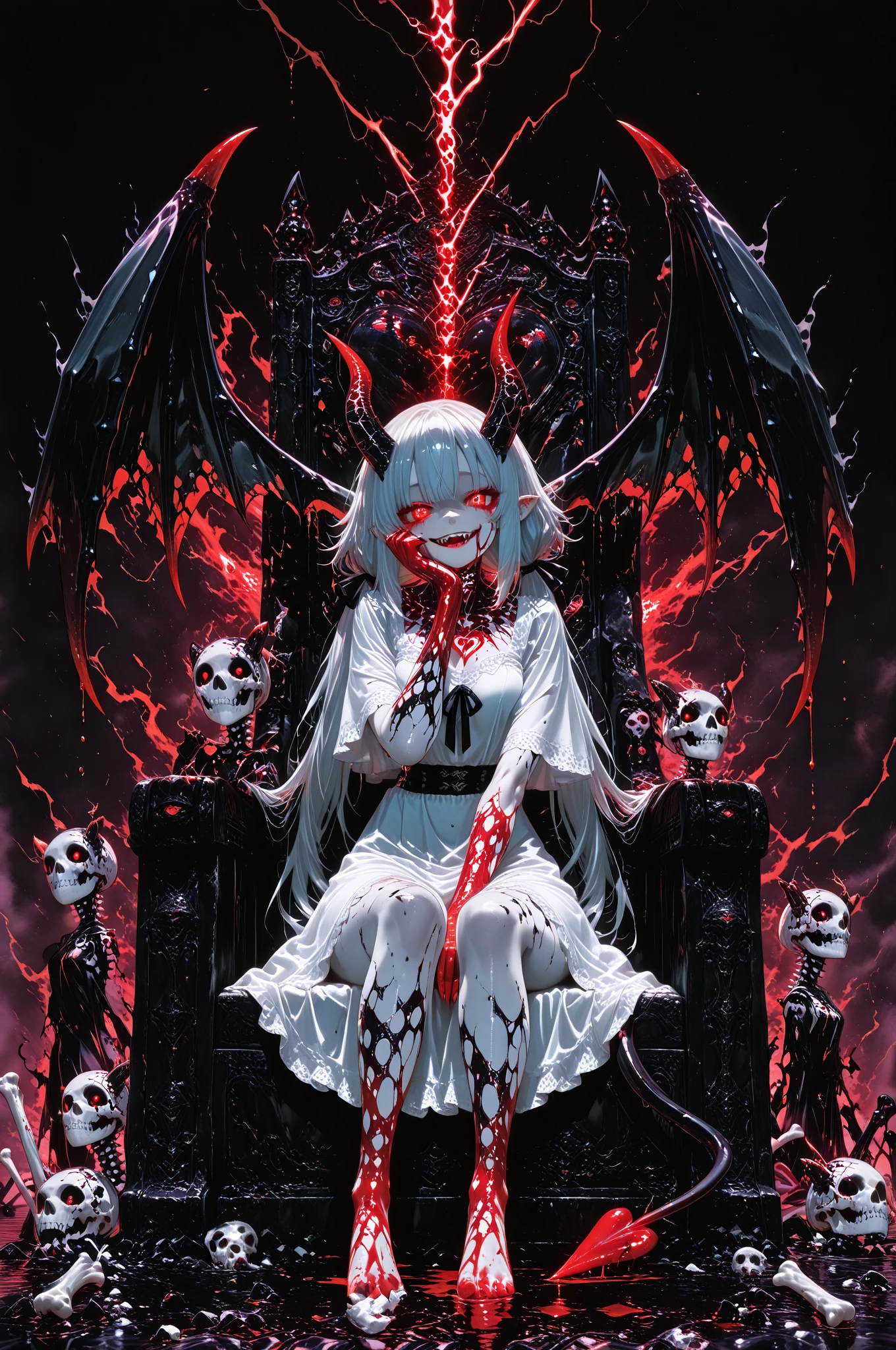 masterpiece, Highest quality, High resolution,(Highest quality,4K,High resolution,masterpiece:1.2),Very detailed,Realistic:1.37,masterpiece, Highest quality, Exquisitely crafted, woman, beautiful, elegant, smile, Blood, iridescent Long Hair, bangs, skirt, shirt, Long sleeve, Frills, shoes, (Red and Black:1.4), flower, spooky, Horror, head蓋Bones, Long Hair, Black Hair, Candles, Blood, hair flower, Dead, hair ornaments, Bone, 人形Horror (theme),spooky altar background,Dark fantasy,Red color scheme,Ominous atmosphere,eyeを引く,Storytelling,Anime Style,Concept Art,beautiful細部までこだわった顔と (((赤いeye ))),A terrifying ritual ,Satanic Ritual,Humanoid,クレイジーなsmile,Scythe Face,Girl Monster, beautiful, Delicate facial features, 鋭いeye, Sharp Fangs, 青White skin, blonde,robot,Cursed Painting, Dark Background, Cinema Lighting, Dramatic Shadows, Gothic style, Gloomy atmosphere, Dark fantasy, One Girl, , Please open your mouth wide, Open your mouth and baring your teeth,Sharp teeth like a beast, Wide lips, very wide mouth, Vermilion cheeks, ,(Bloodしぶき:1.4),Scary smile, smile,Fallen angel design, ねじれたsmile、Bloodまみれの、headからの出Blood,、Bloodしぶき、,(Bloodしぶき:1.4),Crossbones, head蓋Bone,Horror 一人の男の子, Cream colored hair, Blonde, Pearly hair, nice boy, Pure white angel wings, Loose-fitting clothing, Larger clothes, dark red eye, eyeの下のたるみ, dark circles under eye, やみcute, Fluffy hair, Voluminous Hair, skinny, slim, very skinny, Androgynous, cute, spooky, short hair, Horror, Faded colors, White skin, spooky, Unnaturally thin, I&#39;I am hungry, eye, eye in background, sharp eye, Long eyelashes, Under the eyelashes, Loose shorts, レースshirt, Frillsshirt, Tie the ribbon&#39;head, Detailed clothing, A loose cardigan, Open cardigan, 滴るBlood, that&#39;terrible, nightmare, Haunted, stitch, patchwork, string, Injury, hell, Injury on arms, self-harm, cut, Black Fingers, factory, Abandoned, A dismembered ghost,Many heads,Many heads,Lots of faces,Multiple faces,Multiple Girls,Frolicking Girl,複数のwoman,tea ,クレイジーなsmile,look up,Face shot,Scythe Face,Girl Monster, slave,beautiful, Detailed portrait, Delicate facial features, 鋭いeye, Sharp Fangs, 青White skin, Thick chain, Dark Background, Cinema Lighting, Dramatic Shadows, Gothic style, Gloomy atmosphere, Dark fantasy, One Girl, , Please open your mouth wide, Open your mouth and baring your teeth,Sharp teeth like a beast, Wide lips, very wide mouth, Vermilion cheeks, ,(Bloodしぶき:1.6),Scary face, Laughter　Witch design, ねじれたsmile、Bloodまみれの、headからの出Blood,,、Bloodしぶき、,(Bloodしぶき:1.6),Crossbones, head蓋Bone,　, Horrorスタイル, ((Fantasy Witch Costume)), ((Flowing white hair)), ,(Bloodしぶき:1.6),womanの曲線, Large Breasts, Thick thighs, Sexy flat stomach, Perfect hands, Perfect anime face, ((dark lolita dress)), Are standing, ((邪悪なsmile)), ,(Bloodしぶき:1.6),Victorian cities, gaslight, Steam circulates, Moonlight Illumination, night lighting, A sky filled with stars and galaxies,disaster々new devil horns,,(Bloodしぶき:1.6),アニメゾンビWitch design, ねじれたsmile、Bloodまみれの、headからの出Blood,,、Bloodしぶき、,(Bloodしぶき:1.6),Crossbones, head蓋Bone,,Photo Background,Wide Shot,Scythe Face,Girl Monster, slave,beautiful, Detailed portrait, Delicate facial features, 鋭いeye, Sharp Fangs, 青White skin, Thick chain, Dark Background, Cinema Lighting, Dramatic Shadows, Gothic style, Gloomy atmosphere, Dark fantasy, One Girl, , Please open your mouth wide, Open your mouth and baring your teeth,Sharp teeth like a beast, Wide lips, very wide mouth, Vermilion cheeks, ,(Bloodしぶき:1.6),Scary face, Laughter　Witch design, ねじれたsmile、Bloodまみれの、headか