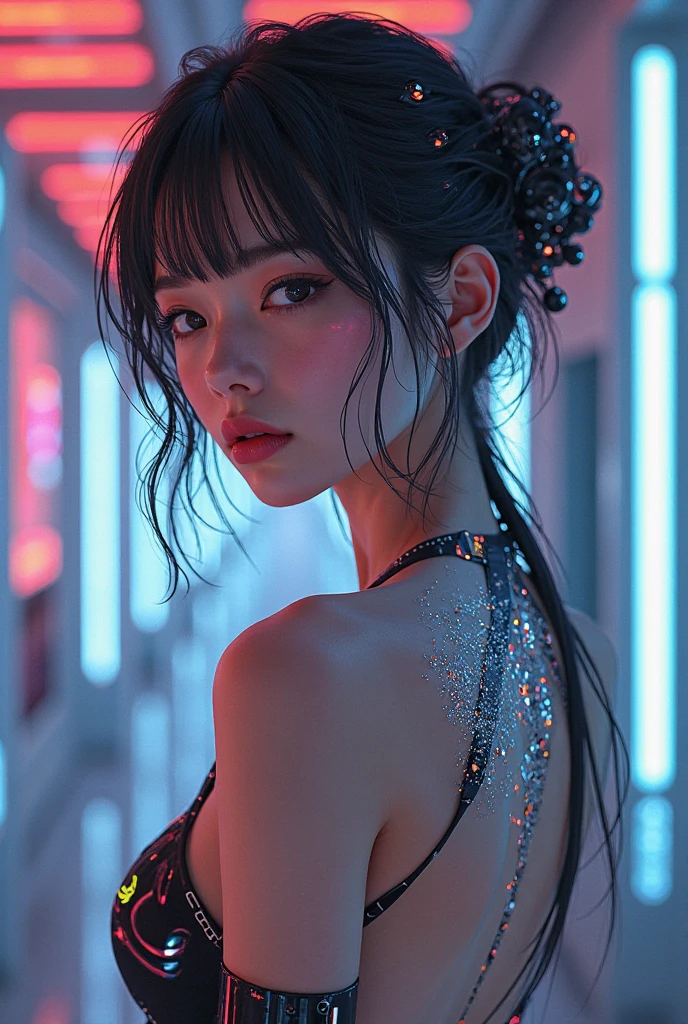 Best image quality, Masterpiece, Ultra-high resolution, (Fidelity:1.4), Photo, Movie, ((cyber punk perssonage)), cyber outfit, Futuristic, ((Award-winning ultra-realistic photos)),(Hyper-detailing),(Complicated details),(High resolution CGI artwork 8k),a girl in,Futuristic cyberpunk living room/Bedrooms/kitchens/terrazzo,Detailed cyberpunk cityscape。Futuristic style,There are many colors and LED lights。The cityscape should be very detailed,depth of fields。Create depth with atmospheric lighting,Wide-angle lens showing rooms and windows。Use atmospheric and volumetric lighting to enhance cityscape detail。The room should be illuminated by the neon lights of the cityscape, Pastel textured colored background, Colourful, vibrant , (( strong hair's light:1,5 )) , (wet shiny skin:1,5 )