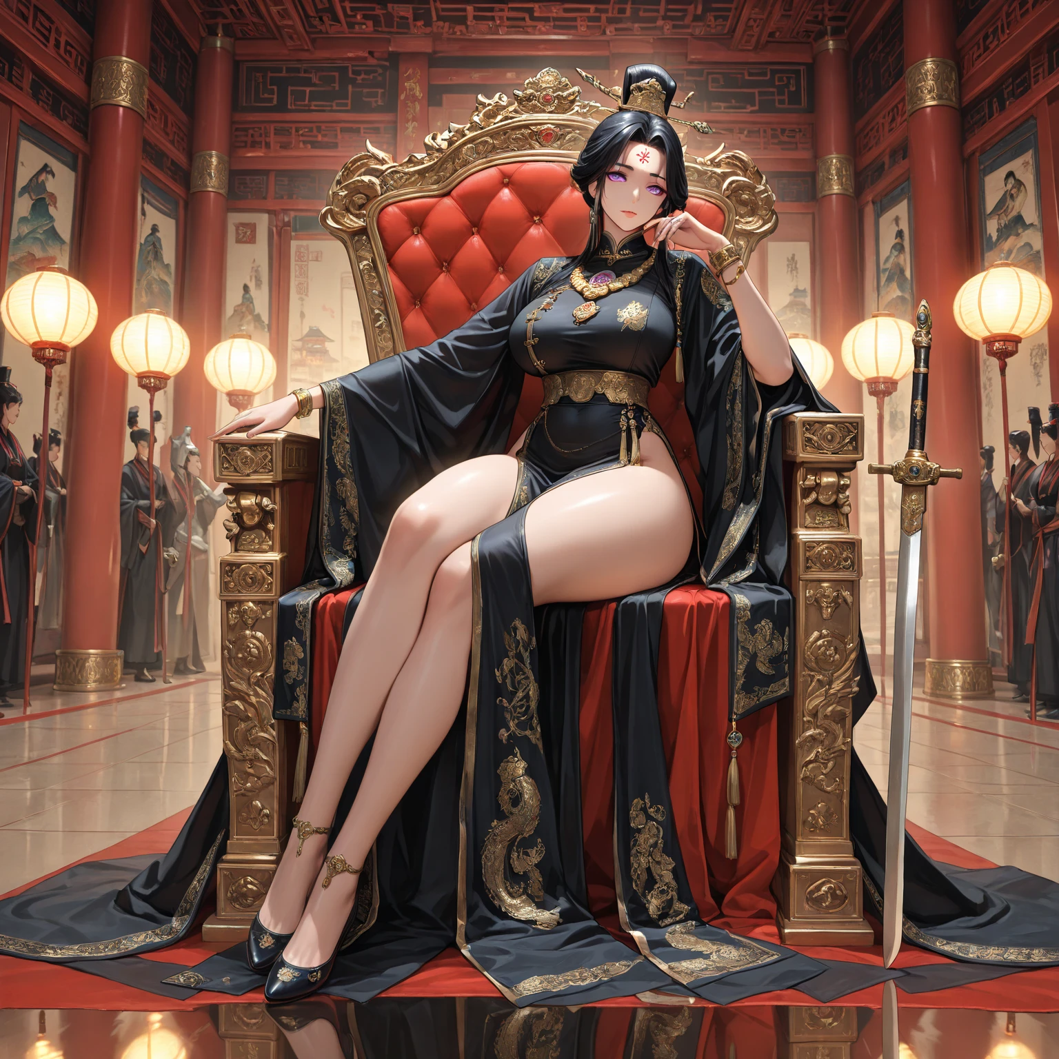 ultra - detailed, A high resolution, 4K,Beautiful Queen,with whole body visible, Full body photo, photore, Masterpieces, Top quality, scarlet background,Squat and sit,The legs are arranged in an M shape,((a beautiful fantasy empress)), divine render, (((full body shot shot))), ,(((huge boob))),(((gigantic hip))),(((Big breasts Thin waist))),(((high-heels,High soled shoes ))),frontage,Pregnant women with, Huge belly,on her throne,(((Tattoos replace all clothes))),