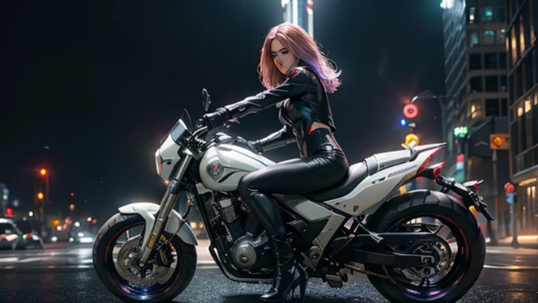 Motorcycle, sexy female, short purple hair, violet eyes, city --auto --s2