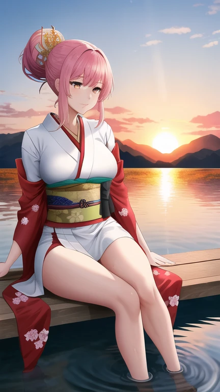 (Masterpiece), (Top Quality), (Super Details), (Best Anatomy), Official Art, One Girl, Bright Colored Hair, Miko, Silk Hakama, , Cleavage of Chest, Off-Shoulder, Side Bust, thigh focus, wet and transparent, shrine, lake