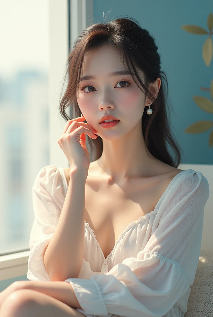 8k, Ultra-high resolution, highest quality, masterpiece, Surreal, photograph, 1 girl, (16 years old:1.3), pretty girl, Cute face, Beautiful eyes in every detail, 細かくdetailedに,((highest quality, 8k, Tabletop: 1.3, RAWphotograph)), Sharp focus: 1.2, (1. AESPA Girl :1.1), alone, (Realistic, Realistic: 1.37), (Face Focus: 1.1), Cute face, 超detailedな顔, Short, unkempt hair, Small breasts, Flat Chest, (Chiffon shirt: 1.2), Wind, Are standing, classroom, Depth of written boundary, Background blur, Cattleya,White panties、Sexy pose、See through 、Looking at the audience、beauty,Long neck、Laugh a little、Please close your mouth and laugh、(((Ideal body type))),A-cup small breasts :2,、Portraiture:2、Perfect Anatomy、鮮明なdetailed、detailed、Surreal、Light and shadow,Strong light,Fashion magazine cover,Thin lips
