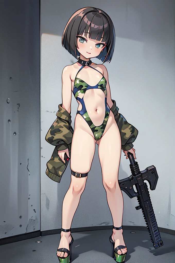 (((pixel-perfect, detail-perfect))), solo, 1girl, hair ornaments, long hair, black hair, blue eyes, medium chest, akebi komichi, Imperial Guard Combat Uniform Swimsuit, o-ring bikini, v gundam, swimsuit, absurdres, highres, solo, cowboy shot, 1girl, neneka nibrou \(cosplay\), wristband, headphone, holster, backpack, holding gun, aiming, perfect hands, wind, medium breast, (((blood on clothes, blood on face))), arm up, arm behind head, show armpits, armpit