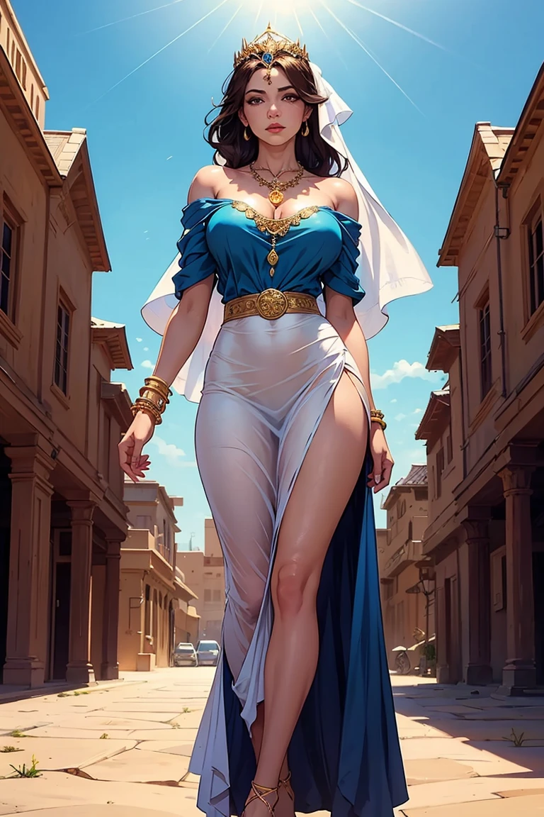 (masterpiece, top quality, best quality, official art, beautiful and aesthetic:1.2), (1girl:1.3), long wavy black hair, tanned skin, extremely detailed, portrait, looking at viewer, solo, (full body:0.6), detailed background, close up, mischievous eyes, (hot summer desert Arabia theme:1.1), Persian duelist woman, dark makeup, charlatan, smirk, mysterious, walking in desert, revealing blue and gold and sapphire Arabian harem girl attire, see through clothes, sheer fabric, poofy blue pants, tight tube top, jewelry, armlets, elaborate necklaces, blue fabric, gold jewelry, precious stones, scimitar, curved sword, ((((gigantic breasts, cleavage, skindentation)))), slim waist, slim hips, long legs, ancient (Arabian palace exterior:1.1) background, dark mysterious lighting, shadows, magical atmosphere, dutch angle,