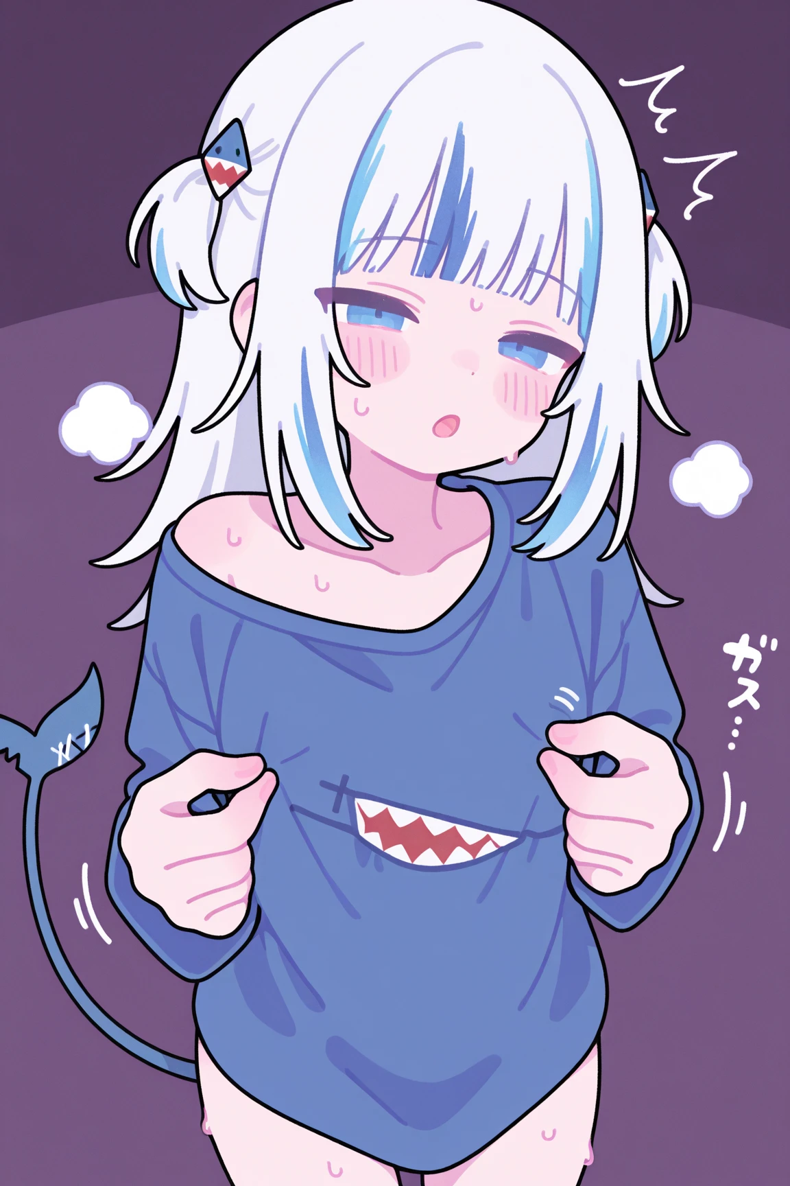 Kamisato ayaka,(suggestive:1.3),(corruption),1girl,(whute t-shirt), melting,dripping,silver hair,silver eyes,blush,upper body,(ahegao:1.1),(naughty face),collarbone,trembling,sweat,sweatdrop,heart,skindentation, (crazy:1.3),(speed lines),sun, outdoors