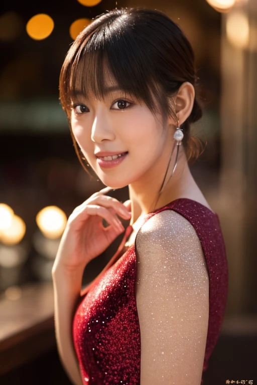 1 girl, (Wearing a red glitter dress:1.2), (RAW Photos, highest quality), (Realistic, Photorealistic:1.4), Tabletop, Very delicate and beautiful, Very detailed, 2k wallpaper, wonderful, finely, Very detailed CG Unity 8K 壁紙, Very detailed, High resolution, Soft Light, Beautiful detailed girl, Very detailed目と顔, Beautiful and detailed nose, finelyて美しい目, Cinema Lighting, City lights at night, wonderfulイルミネーション, Perfect Anatomy, Slender body, small, smile