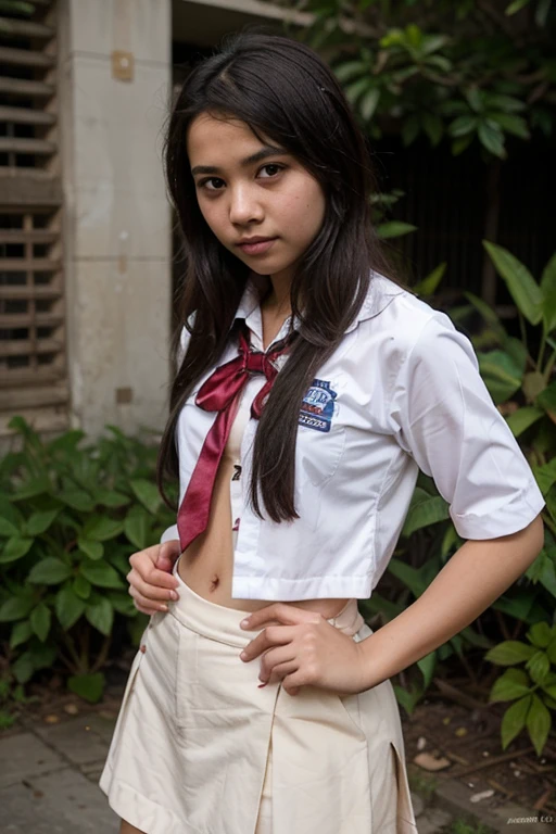 indonesian girl, transparent, uniform, bobcut, sleek hair, skinny, 18 years old, drenched, laying, onsen, open leg, small tits, portrait,