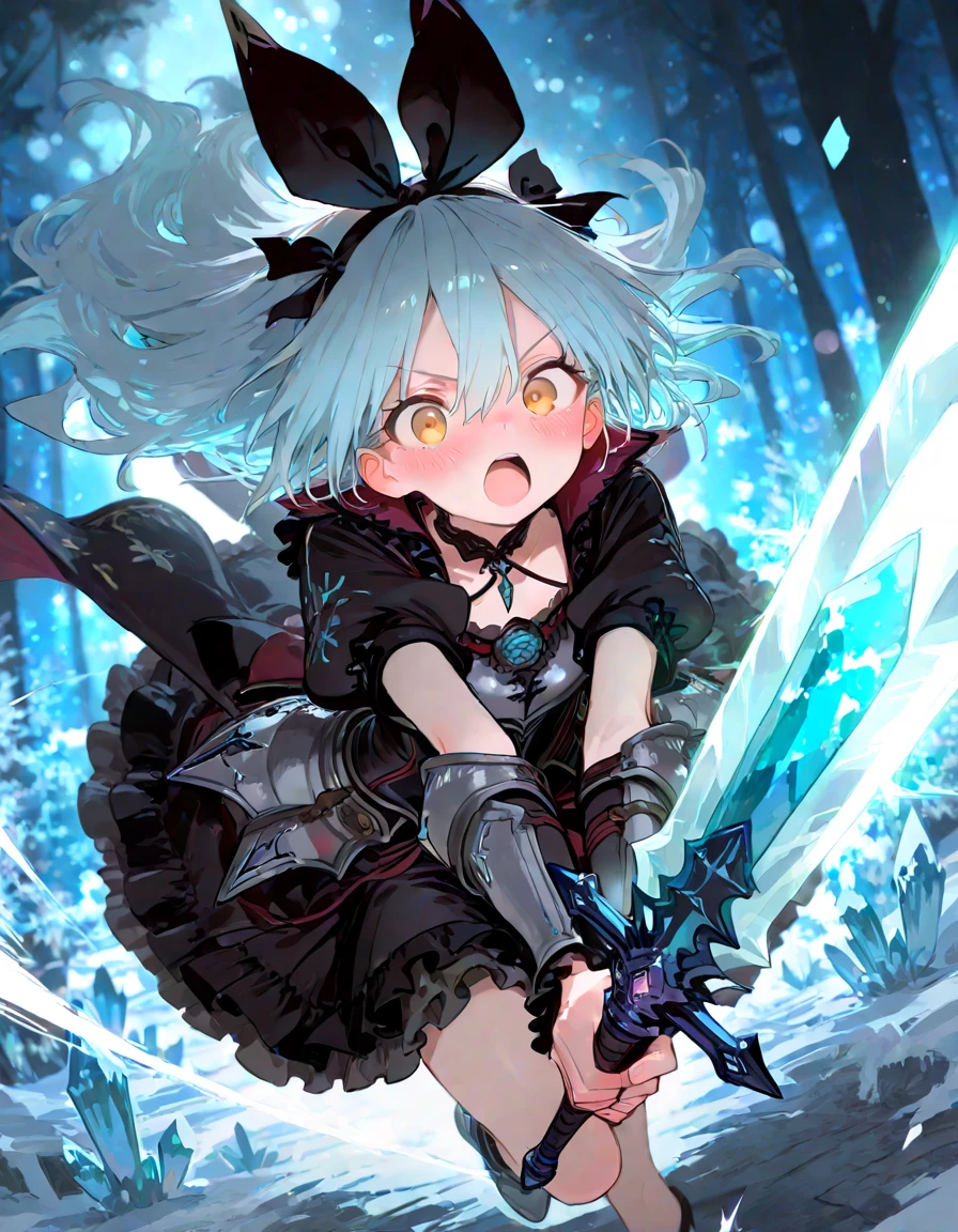A highly detailed illustration of Sayaka Miki from "Puella Magi Madoka Magica" in the midst of a battle, performing the "Seisei Ruten" technique from "Demon Slayer: Kimetsu no Yaiba." She is in her magical girl form, wearing her blue and white outfit with a flowing cape. Her short blue hair is tousled, and her expression is intense with determination. She wields a sword with both hands, unleashing a series of continuous, fluid slashes that resemble the flowing water, just like in the Seisei Ruten technique. The scene captures the motion of her attack, with swirling water and energy spiraling around her blade, creating a visual effect of a powerful torrent. The background is dark and chaotic, with swirling shadows and a hint of a witch's labyrinth, intensifying the dramatic atmosphere. The art style should be anime-like, emphasizing the action, the fluidity of the technique, and the emotion of the moment.