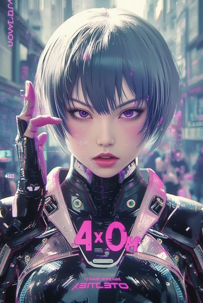 Pretty Chinese girl, de 20 e poucos anos, cabelo preto curto, wearing a black and pink cybernetic jumpsuit, Giant robot (feminino) em forma de coelho, feito de carbono, capa branca e rosa, young woman controlling the robot, 4k, ultradetalhado, arte digital, studio lighting, physics-based rendering, mecha, cores vivas, bokeh, pele texturizada, visto de baixo, futurismo, Action painting
