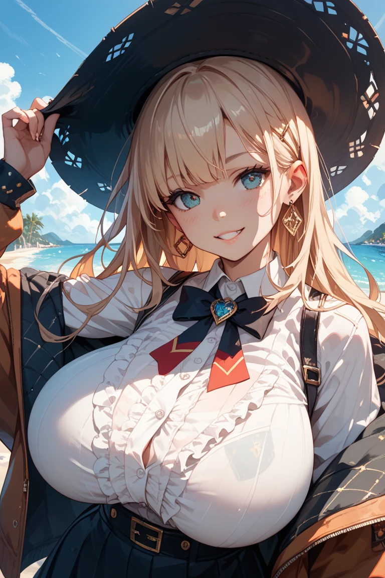 Adult Woman, Sexy Witch Cosplay, Long dark blonde wavy hair、off-shoulder knit, Puffy nipple、(Dark blue skirt), jaket、Medium milk, cute smile face、Bare shoulders、(Pose to lean forward and emphasize the chest)、(turned around)、sexy hips、Black High Heels、Luxurious magic wand and book、Church of the castle、sexy  pose、(((The skirt is rolled up by the wind)))、Sexy lace panties