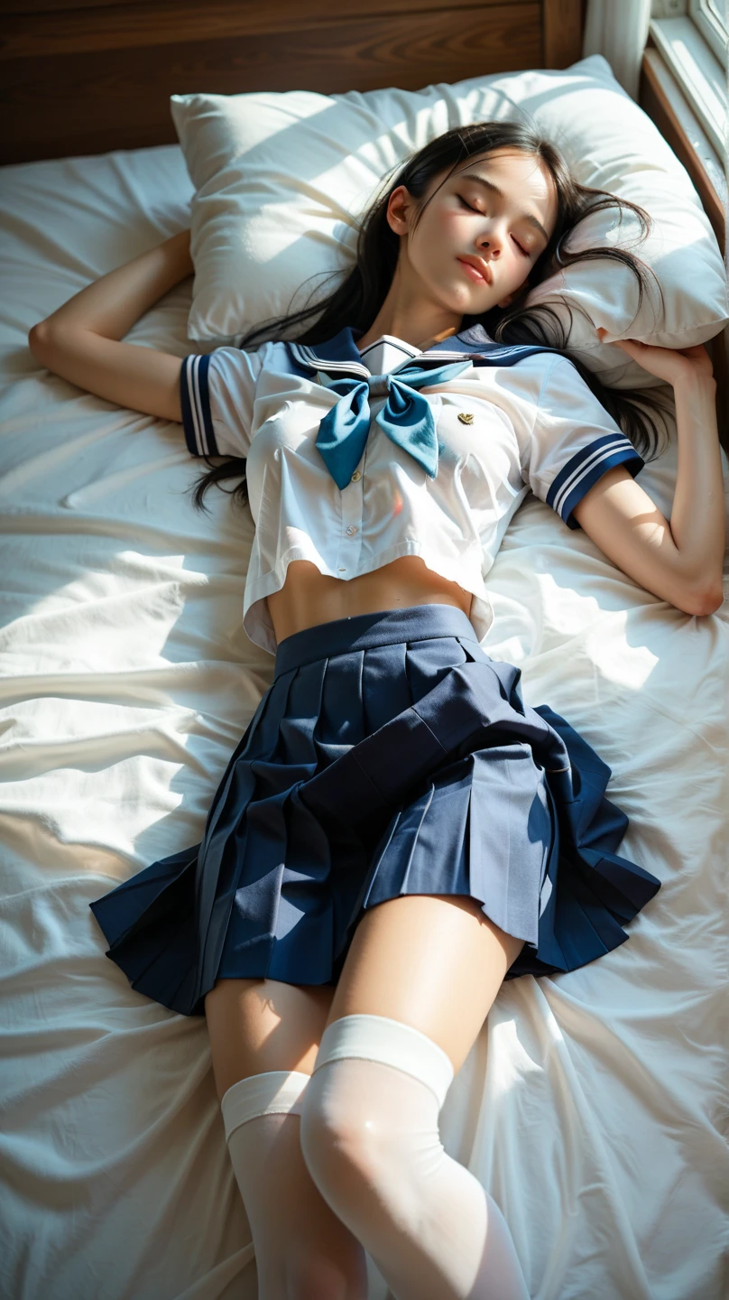 (((perfect anatomy, anatomically correct, super detailed skin))), 1 woman, japanese, shiny skin, detailed hair, detailed face, detailed eyes, (long hair:1.5, brunette hair:1.7), bangs, hair between eye, light brown hair, brown eyes, mole under eye, lip gloss, beautiful body, beautiful breasts, beautiful thighs, beautiful legs, camel toe, ((detailed cloth texture, short sleeves, all dark blue cute sailor suit, dark blue pleated skirt, dark blue sailor collar, ((red sailor scarf)), white socks, brown loafers)), white panties, smile, ((lying down flat on back in bed)), ((close eyes)), sleeping, (8k, top quality, masterpiece:1.2, extremely detailed), (realistic, photorealistic:1.4), beautiful illustration, natural lighting, knees visible, can see knees, (semen on forehead:1.2), (semen on head:1.6), (semen on thighs:1.8),