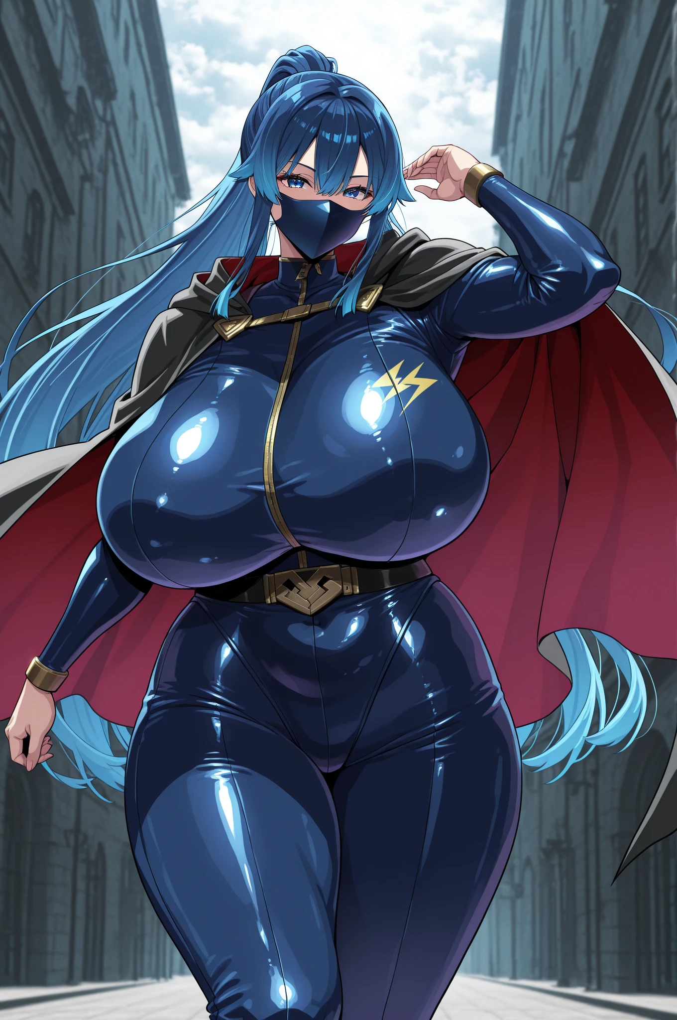 Generate an illustration of a mature Clair, gym leader of pokemon,  ponytail, holding a poke all,  de terno preto, long hair, hair flows straight down, darkblue hair, (gigantic breasts:1.4), blue outfit in anime format with a serious style, (black cape), blue tights, blue boots, gothic make up, masterpiece, ((dark lighting)), black background, (((puffy lips))),slendered abs, beautiful face,