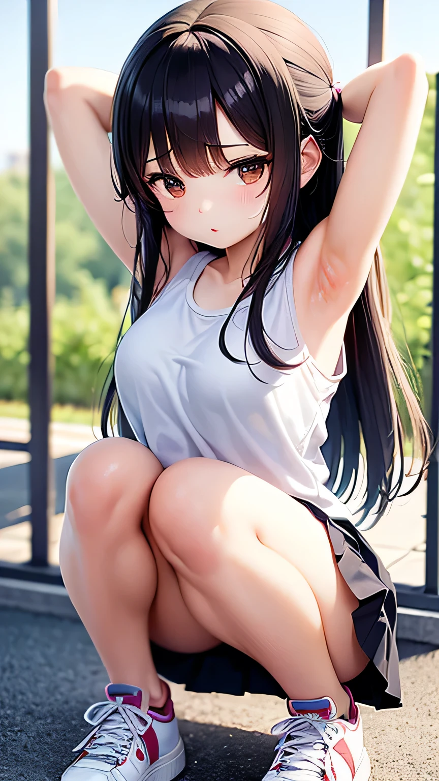 A beautiful girl sitting on the ground with her legs crossed, under a tree, sitting on the grass, a pair of white and black Vans sneakers, yellow crop tank top, navy blue mini skirt, (Pleated skirt:1.3), light pink panties, (show panties:1.4), (Panty shot:1.3), (pull up the skirt:1.3), (sitting on ground:1.4), put the heel on the ground, spread your legs a little, squat with your knees up, attach your ass to the ground, big rounds breasts, dark brown hair, swept bangs, long hair, wavy hair, expressive hair, shiny hair, hairclip, aqua eyes, (gradient eyes:1.3), glowing eyes, pupils sparkling, blush, bright pupils, grin, (grin:1.3), glossy lips, forehead, cute face, angle from below, upskirt, slim waist, shapely legs, beautiful thighs, whole body, Smile, natural smile, enchanting smile, (looking at the viewer:1.2), From before, from below, POV, anime CG style, high definition, natural light, high detail, anime, dithering, image fill, perspective, Wide-Angle, f/1.8, 85mm, Sony FE GM, 8k, 8k wallpaper, super detail, highly detailed CG, UHD, retina, masterpiece, accurate, anatomically correct, textured skin, highres, best quality:1.3, 16k