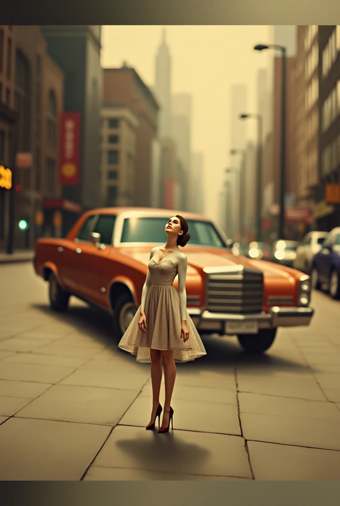 photo of sexy Korean girl sitting on 5th avenue wearing high heels, short pink hair, dark makeup