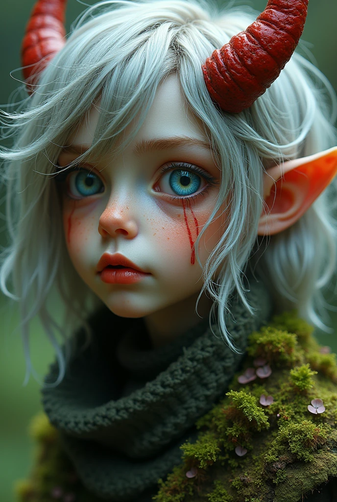 masterpiece、highest quality、Super realistic、Super detailed、female goblin、very cute face、gray hair,shortcut、Simple clothes、Playing in the clear water of the river
