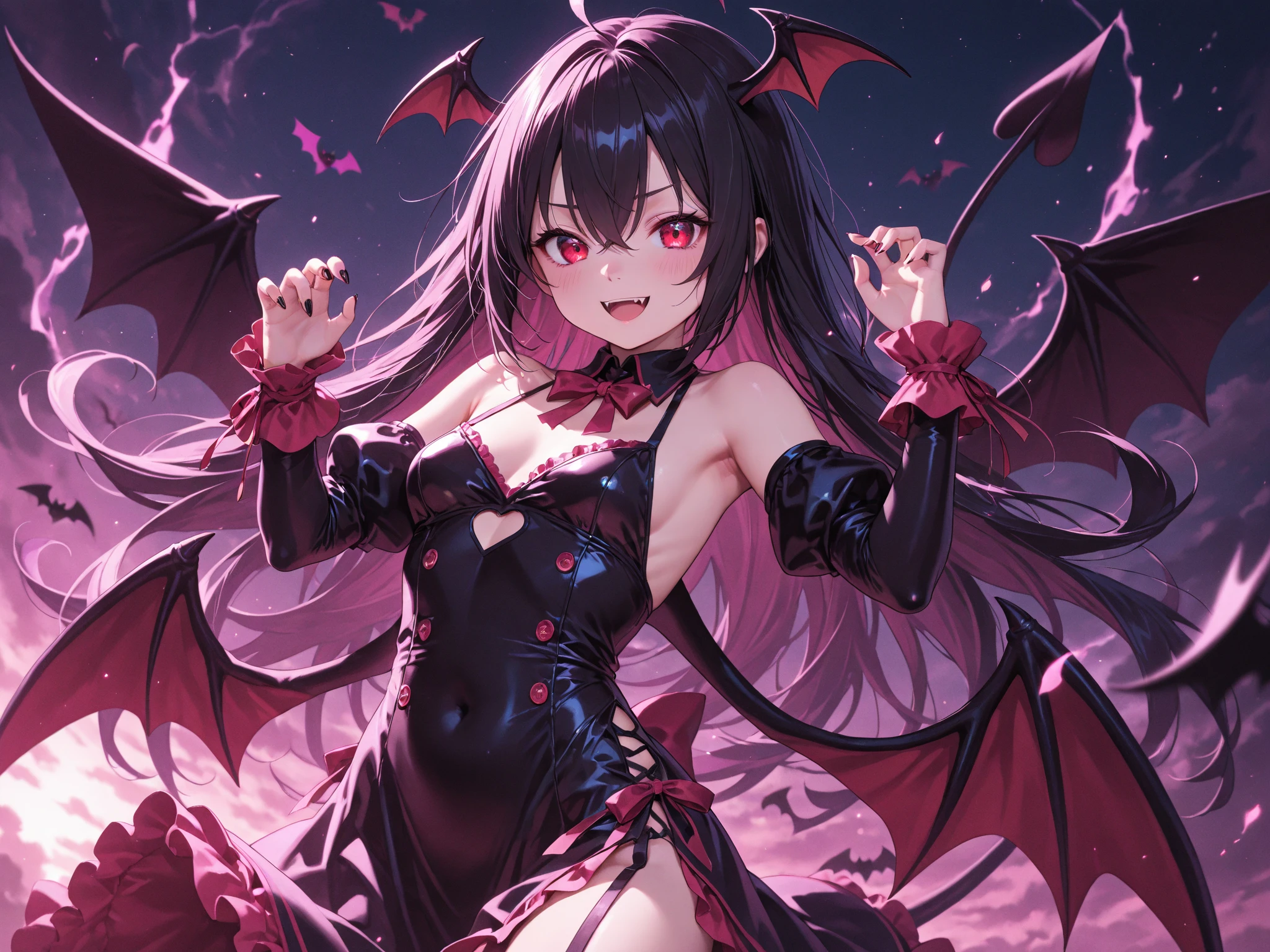 tachi-e, game cg, Highly detailed and realistic CG, Colorful, Masterpiece, Best Quality, jewel-like eyes, 1girl, solo, black hair, shiny hair, long straight hair, very long twintails, slender, skinny legs, succubus girl,succubus luxury dress, mini skirt, succubus boots, aqua blue eyes, flat chest, black elbow gloves, latex, smirk, smile, jitome, half-closed eyes, tsurime, simple background, from pov, best quality eyes, sharp teeth, tsundere, standing, contrapposto, hand on hip, (shiny skin:1.0), succubus wings, succubus tail, mesugaki, teasing, smug, cute girl, , open mouth, fangs, tongue out, pointy ears, pink heart tattoo, (Sharp Focus:1.2), Thin arms, Thin legs, outline, Evil Female Executive Succubus,