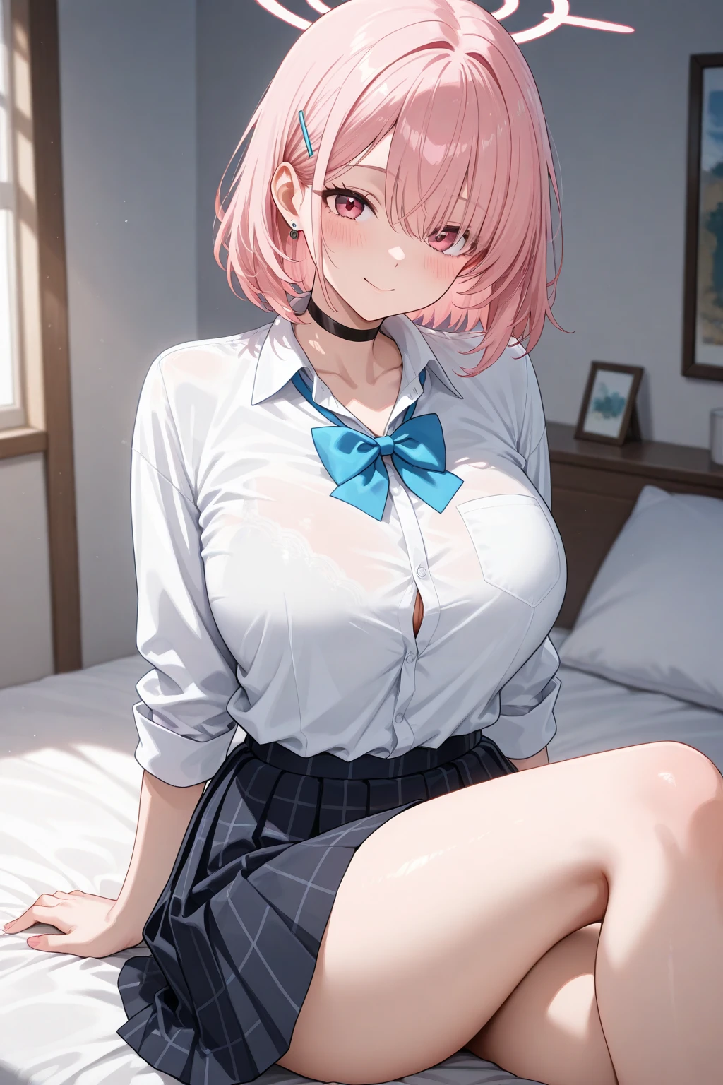 Yuigahama Yui, short hair, brown eyes, Pink hair,  single bun hair, 
1girl,  white shirt, black jacket, sobu high school uniform, 

looking at viewer, 
(masterpiece:1.2), highest quality, High resolution, unity 8k wallpaper,  (beautiful and fine eyes), highly detailed face, perfect lighting, Very detailed CG, (perfect hands, perfect anatomy),

(blush, embarrassed:1.2), open mouth, sweat, 
huge breasts, 
classroom, 
(open shirt:1.2), 
(bottomless), cowboy shot, thighs,
from below, 