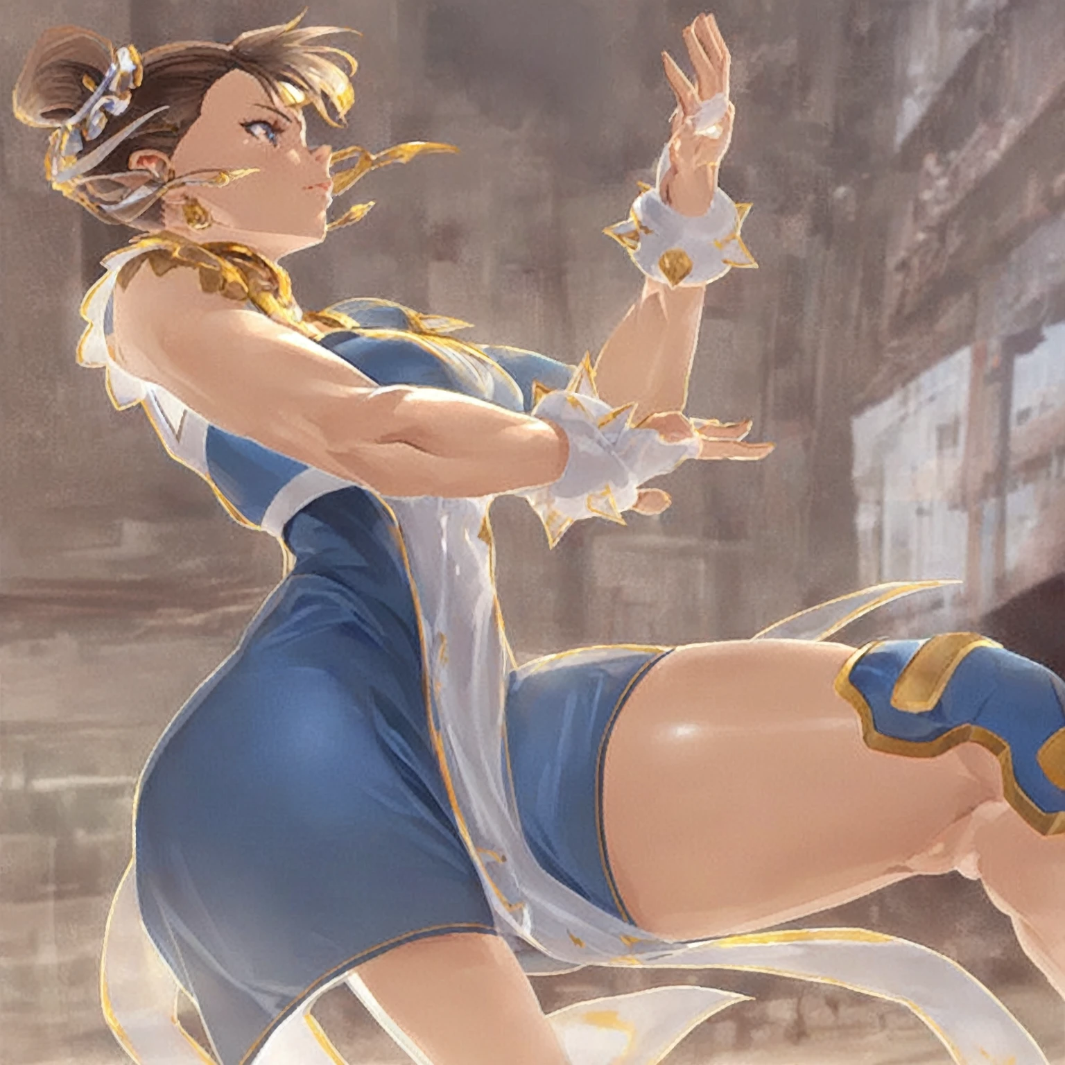 Chun li, In a boxing ring, in a boxing outfit, heavily bruised on her body, sweat