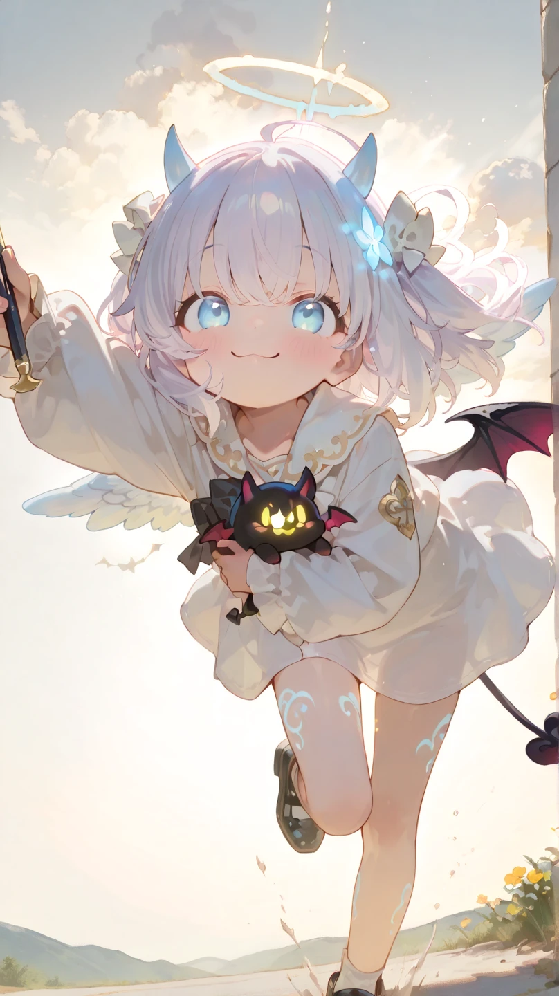 Cute,748cmstyle,(masterpiece:1.2, top quality), (beautiful detailed eyes on background: 1.2), ((1 Beautiful Girl)),  (beautiful background:1.2), (Highly Detailed CG, Super Detailed),(very detailed and beautiful:1.1), (Perfect Details:1.1),(best quality), (masterpiece), (ultra detailed),
(cute little devil girl:1.5), (mischievous smile), (tiny devil horns), (small devil tail), (holding a glowing halo:1.8), (running away), (playful expression),
(cute little angel girl:1.5), (determined expression), (fluffy angel wings), (chasing after), (reaching out), (frustrated but cute),
(dynamic pose), (motion blur on legs), (fast movement), (action scene),
(bright, ethereal sky background), (fluffy white clouds), (golden light rays), (heavenly atmosphere), (soft lighting),

