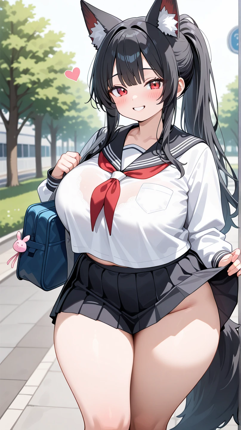 (nsfw),masterpiece,ultra detailed,sharp focus,4k digital art,high resolution,seductive anime girl,(realistic,photorealistic),from behind,back shot,(v sign with both hands:1.5),(aroused and blushed:1.7),tareme,(adult beautiful face,curvy adult body:1.3),(from below,upskirt:1.4),(school cardigan:1.3),dress shirt,black socks,(navy and pleated skirt),bow tie,(short black hair,long straight hair),(tanned skin),at night light,outdoor,(sweaty:1.2),grinning,(trembling,flying heart-shapes),(standing in crowded train,japanese train:1.1),(sexy and laced red undies:1.3),loafers,crowd in background,gigantic ass,drooling,heart pupils,puffy nipples