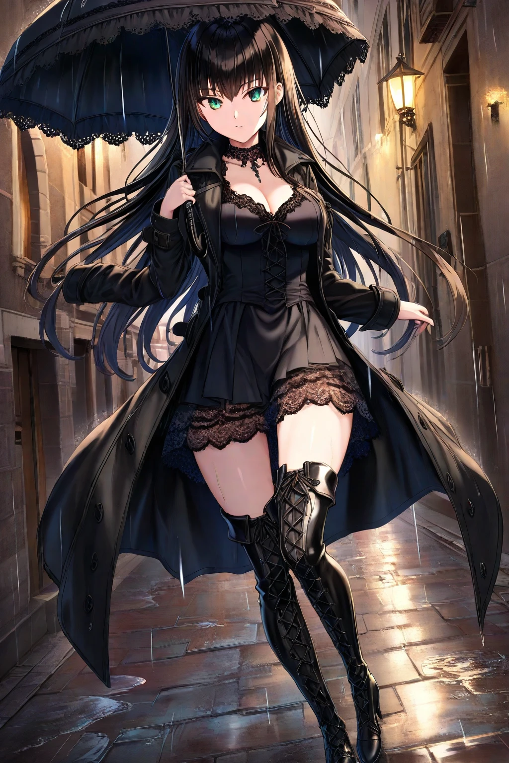 This is a town in another world that looks like something out of a Japanese anime or game.、Woman wearing a large black witch hat with sapphire accessories、wearing a long black coat、she wears a sexy bra inside、she is wearing a checked skirt、Leggings that cover half of your thighs、bare-legged、Short, pure white, long, fluffy hair、small tits、A seductive smile、32-year-old woman