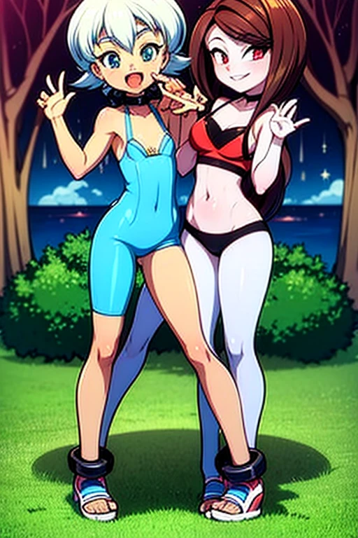 2girls, sunnymiamitf, huge breasts, narrow waist, wide hips, Sunglasses, teeth, straight hair, short hair, orange hair, black strapless bikini, straight hair, very long hair, blonde hair, ponytail, blue strapless bikini, beach