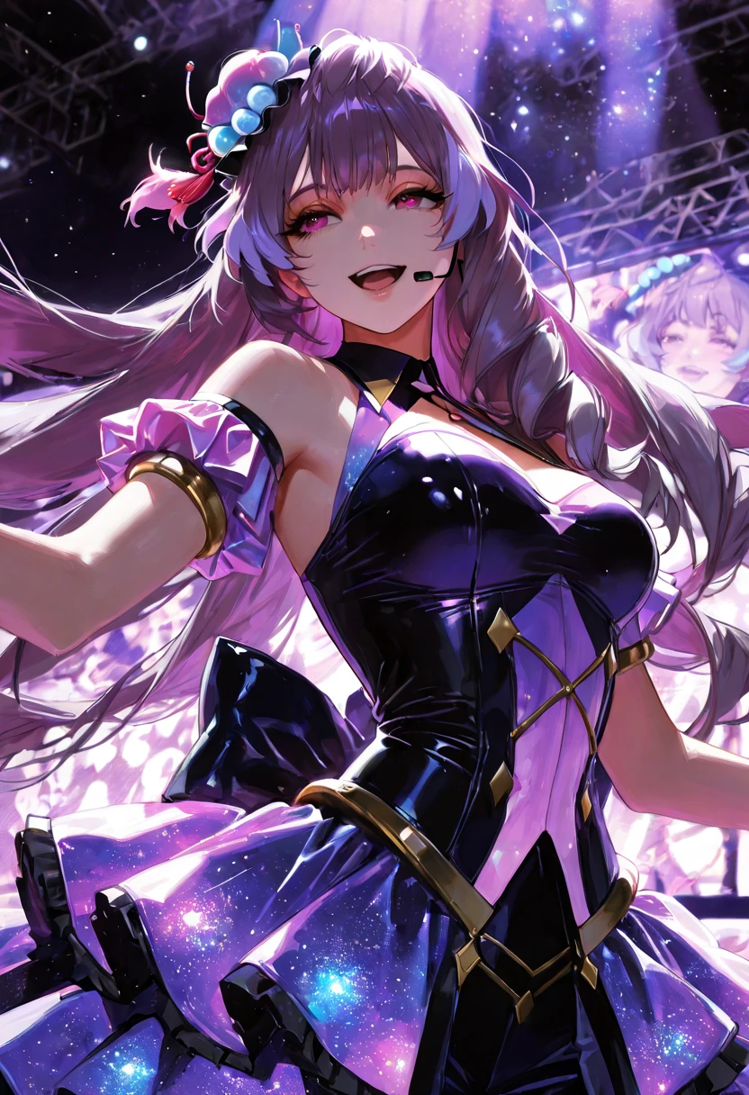 1girl,solo,cute,twintail and light purple hair,rabbit ears,purple eye,bigbreast,cleavage,starry night,full body,