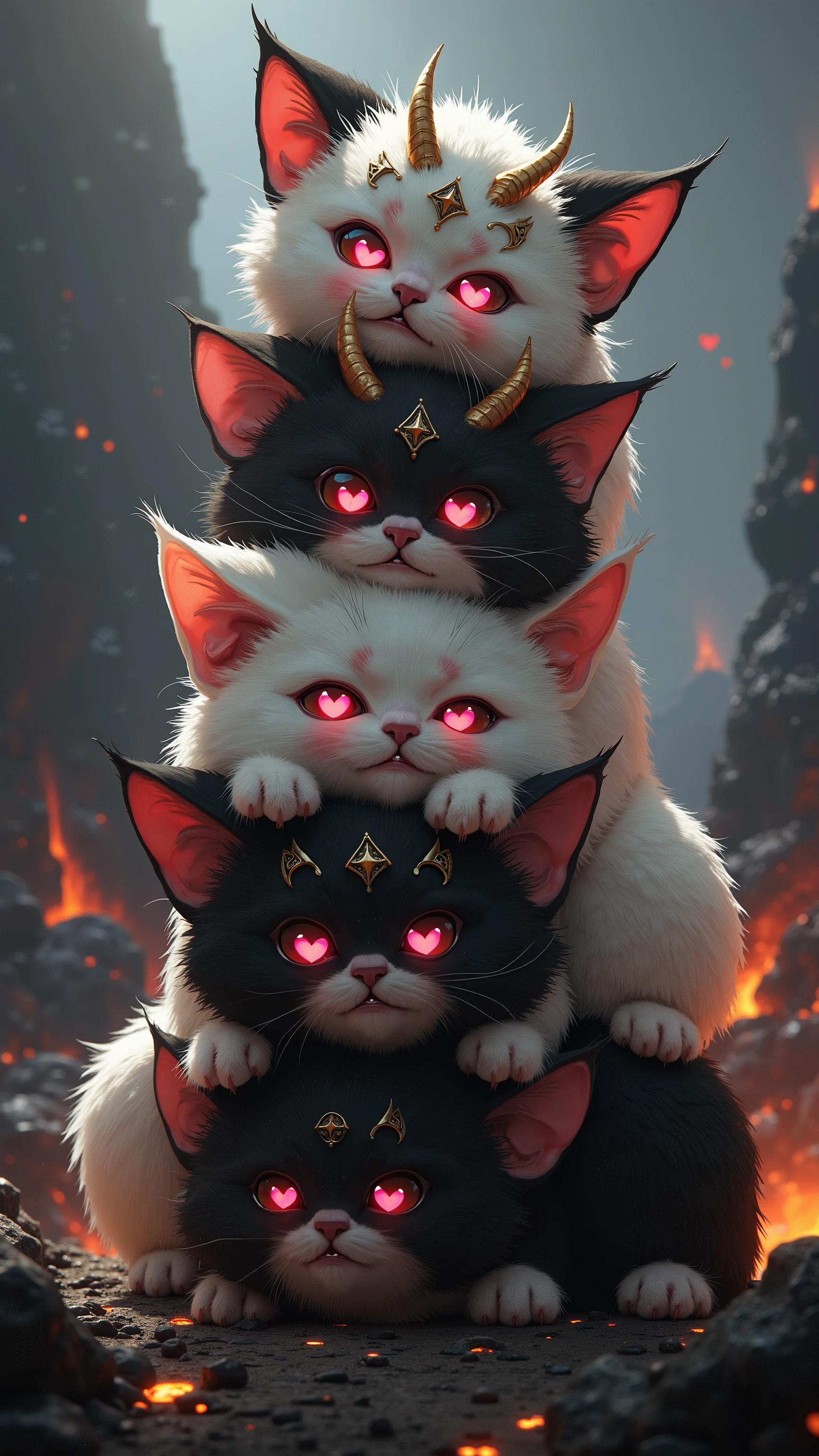 dark fantasy art, hyper-realistic painterly style, a totem of stacked baby demon cats, fluffy white and black fur, glowing pink heart-shaped pupils, small sharp fangs, adorned with intricate gold horns and jewelry, occult symbols, blush on cheeks, dramatic volcanic landscape background, epic atmosphere, moody cinematic lighting, extremely detailed.