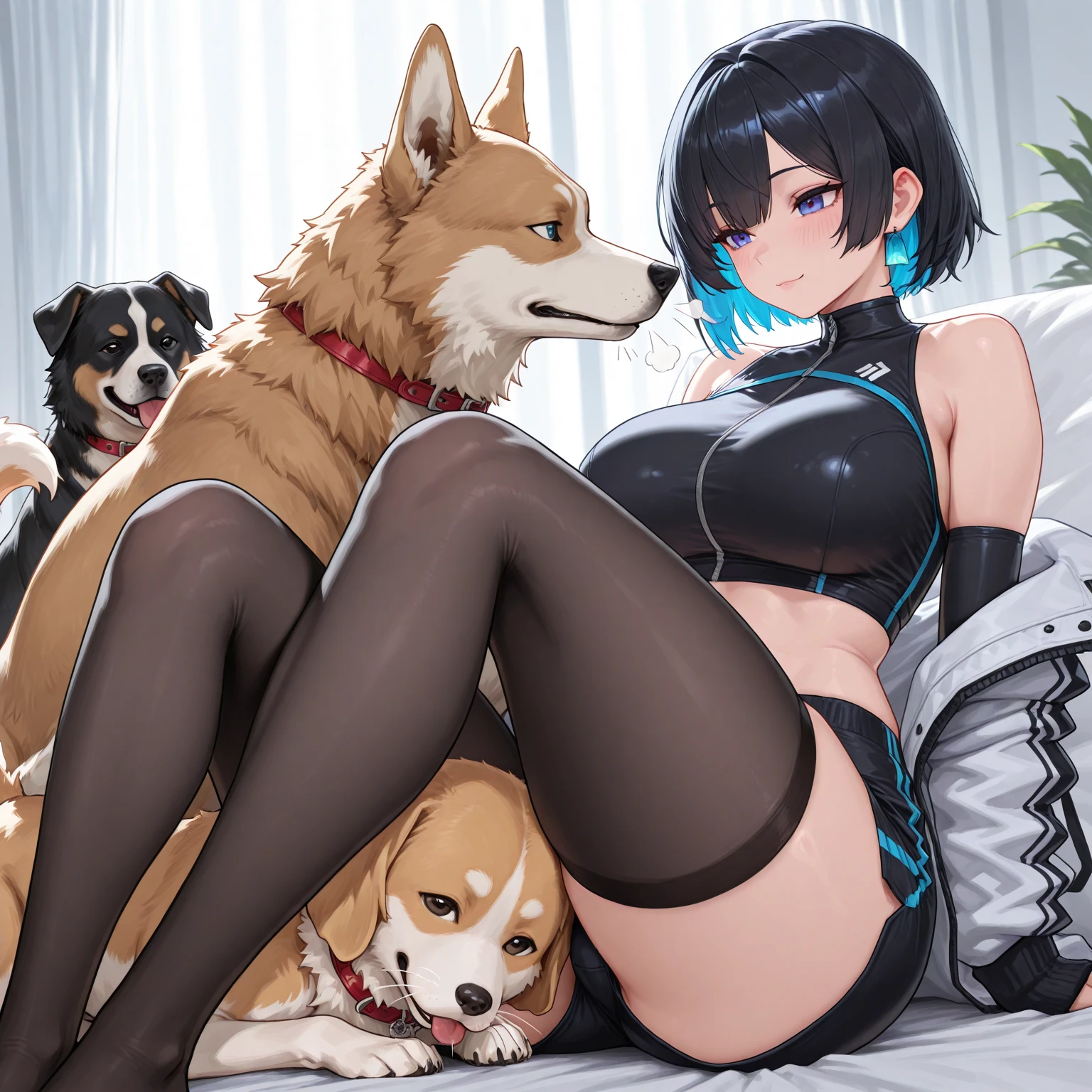 Cat ears girl、Girl with long black hair、(His blue and white checked shirt is unbuttoned、A glimpse of the orange bra)、(Blue it with your legs spread in an M shape、Showing off her cute white underwear)、(barefoot、cute leather shoes)、Short, big breasts, slender