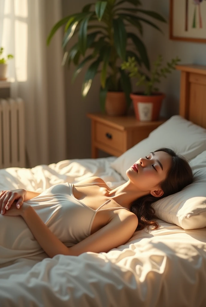 small breasts, lying on bed, look from aside, armpits clean, soft skin, on bed, bedroom, warm light, sleeveless turtleneck, small shorts, visible labia, young, armpits