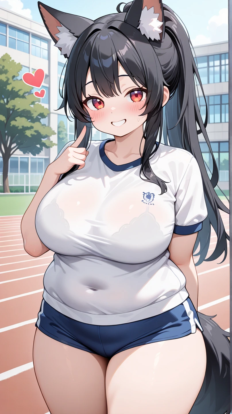 ((Masterpiece)), perfect anatomy, perfect shading, field of depth, (best quality), extremely delicate and beautiful, perfect lighting, detailed face, ultra cute face, cute, ((1girl)), ((solo))

short fluffy brown hair, brown eyes, ((blush)), nervous, arms behind back, looking at viewer, cheerleader uniform, red crop top, blue plaited skirt, thigh highs, cleavage, large breasts, ((thick thighs)), (wide hips), chubby, chubby belly, fat folds,

intricate background, detailed background, locker room, 
