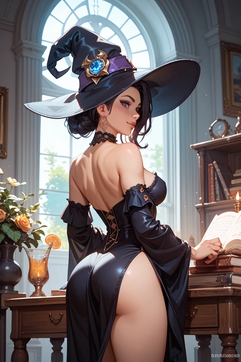 (best quality, 8k, ultra-detailed, realistic:1.37), sexy witch in POV with huge ass, curvy accentuated and lifted booty, Riley Reid, stunning smile, slim-thick body, small waist, vivid colors, enchanting atmosphere, captivating gaze, alluring pose, mystical background, studio lighting, professional photography